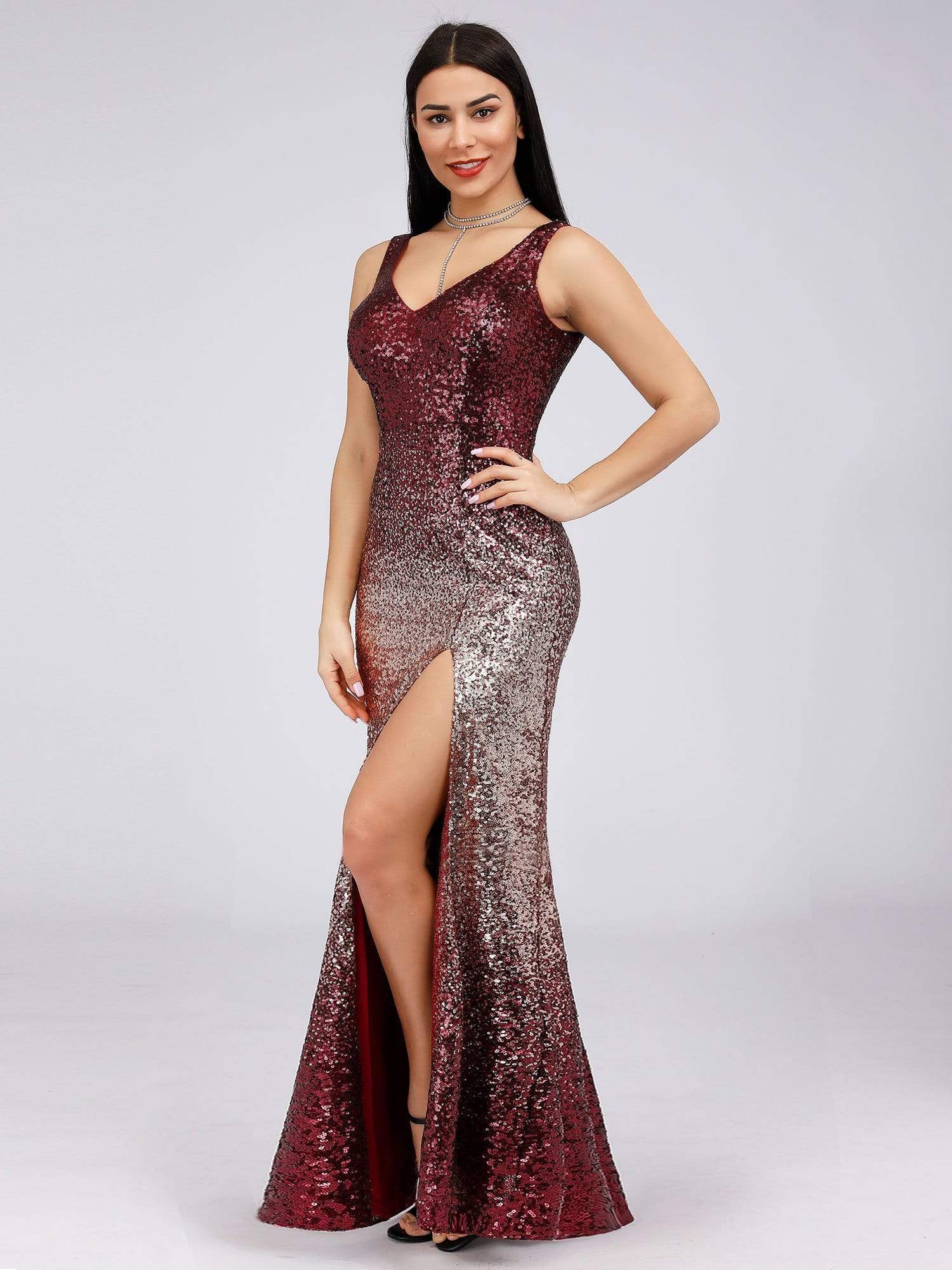 Color=Burgundy | Floor Length Sequin Evening Dress With Thigh High Slit-Burgundy 4 Color=Burgundy | Floor Length Sequin Evening Dress With Thigh High Slit-Burgundy 4