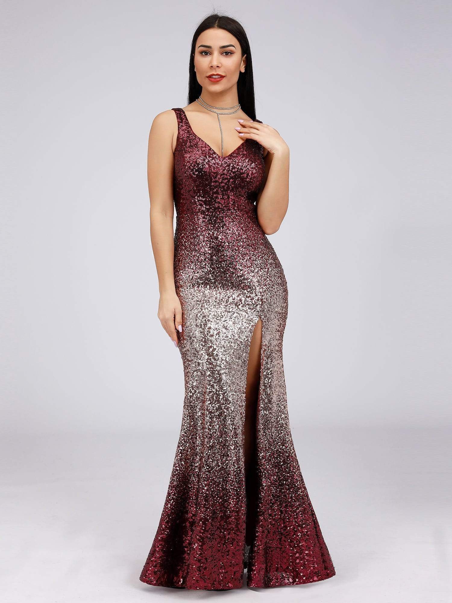 Color=Burgundy | Floor Length Sequin Evening Dress With Thigh High Slit-Burgundy 1 Color=Burgundy | Floor Length Sequin Evening Dress With Thigh High Slit-Burgundy 1