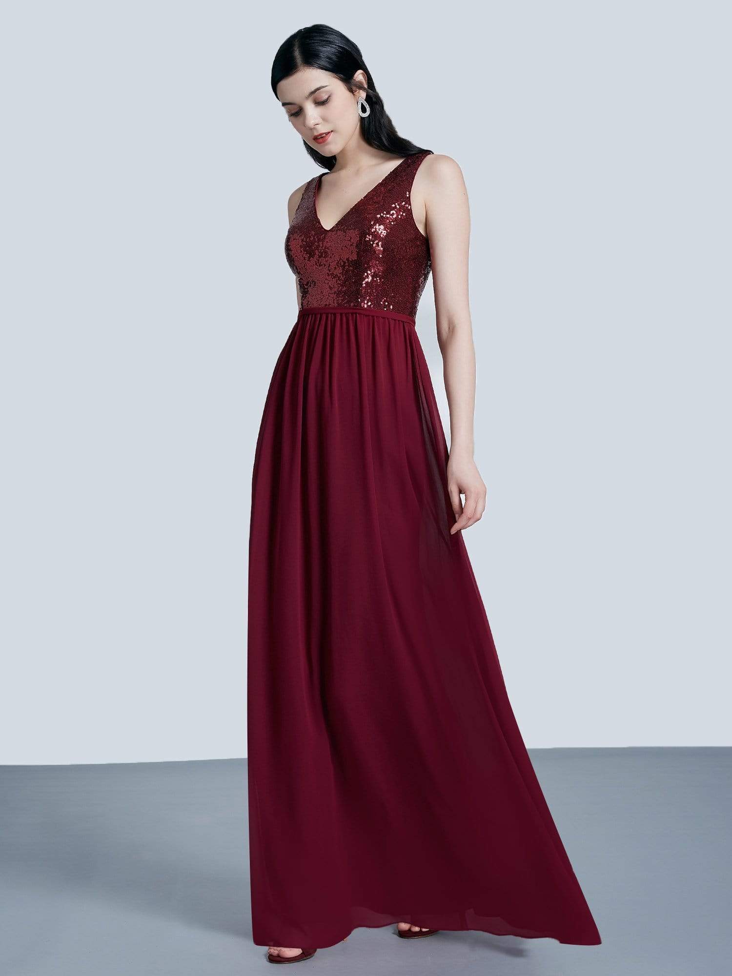 Color=Burgundy | Long Sequin And Chiffon Evening Dress-Burgundy 5 Color=Burgundy | Long Sequin And Chiffon Evening Dress-Burgundy 5