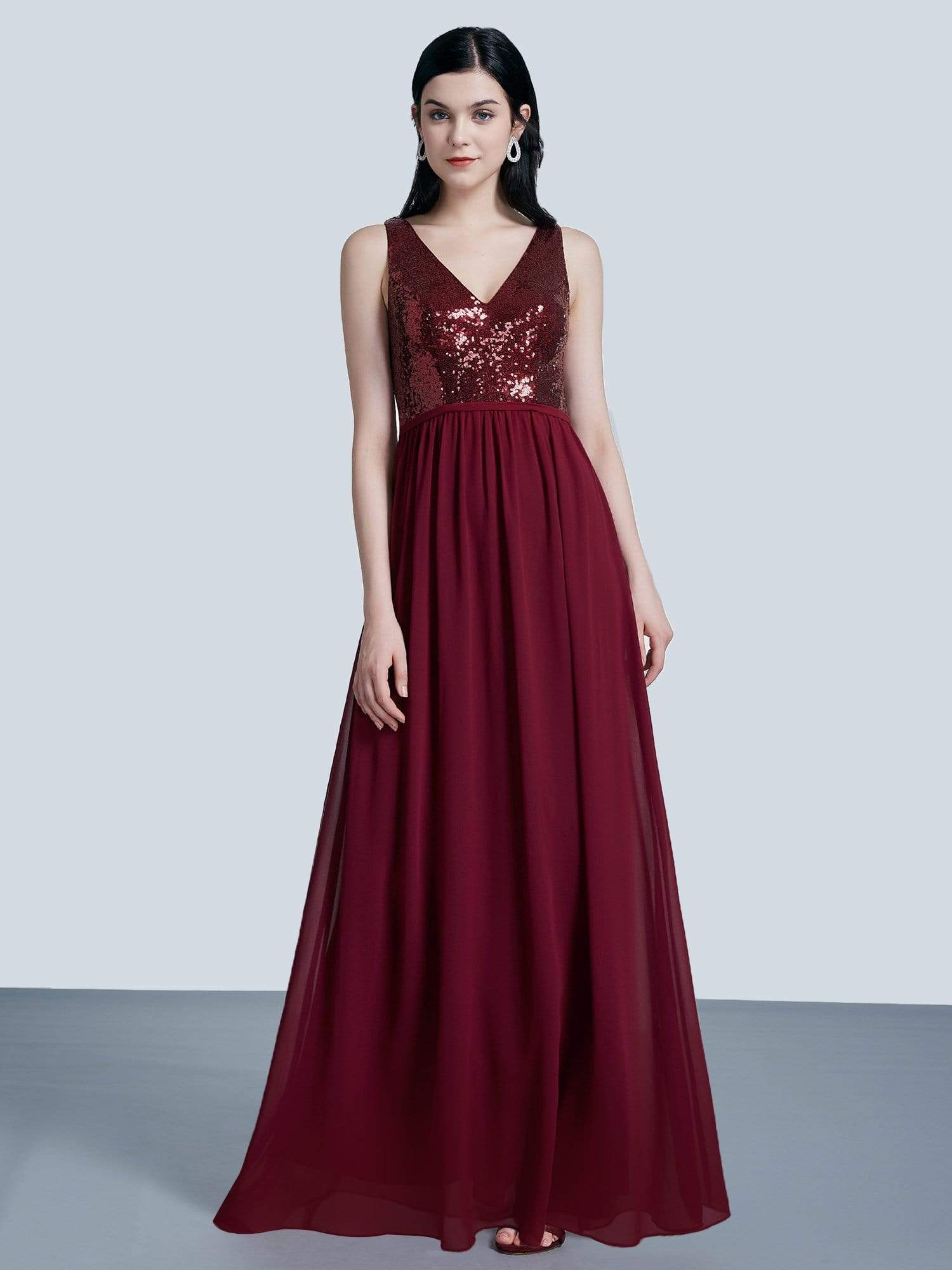 Color=Burgundy | Long Sequin And Chiffon Evening Dress-Burgundy 1 Color=Burgundy | Long Sequin And Chiffon Evening Dress-Burgundy 1