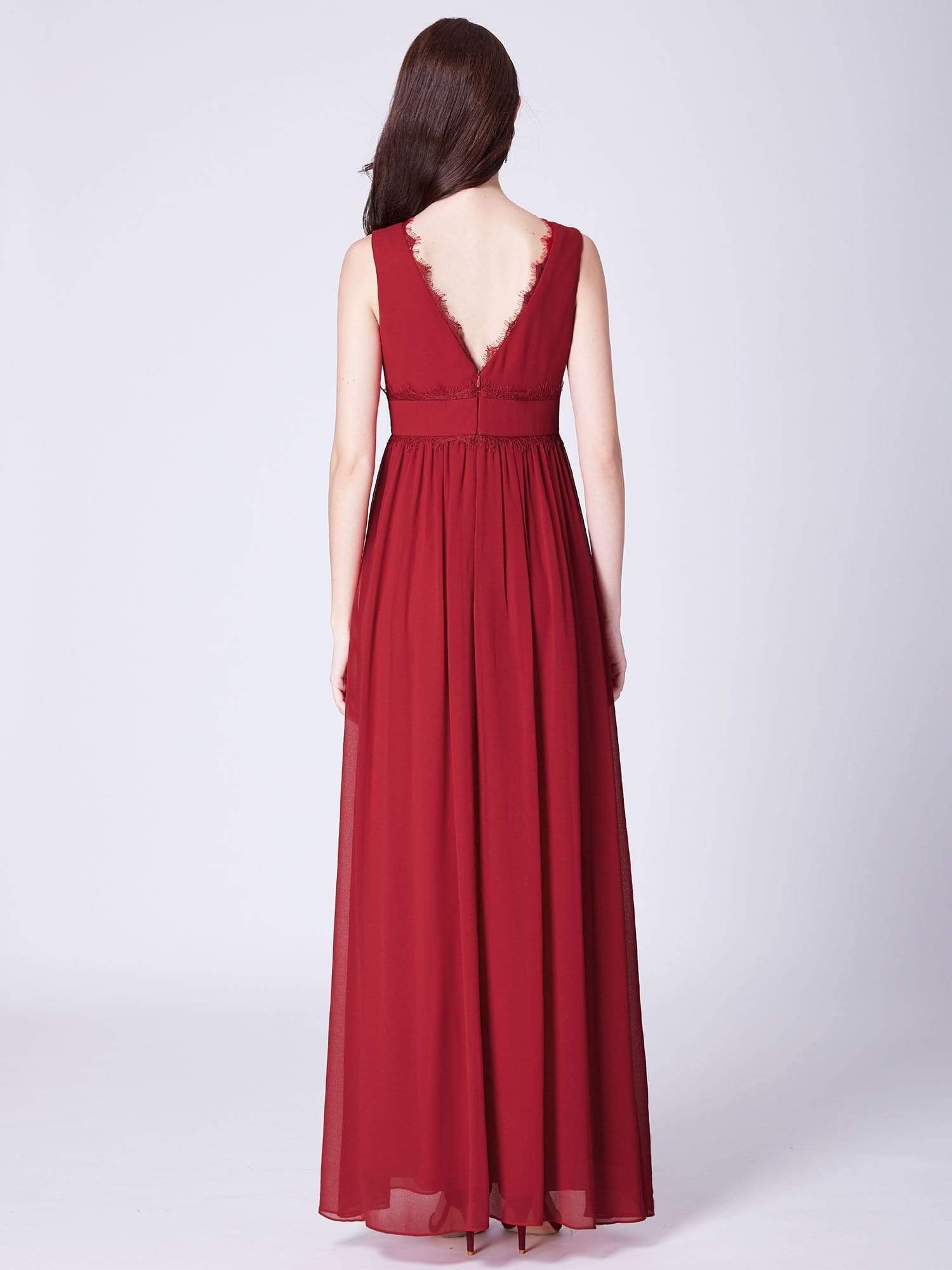 Color=Red | Empire Waist V Neck Long Evening Dress-Red 3 Color=Red | Empire Waist V Neck Long Evening Dress-Red 3