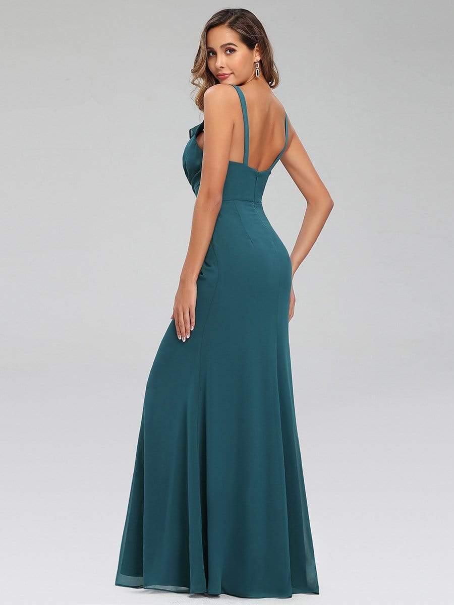 Color=Teal | V Neck Evening Dress With Ruffles-Teal 2 Color=Teal | V Neck Evening Dress With Ruffles-Teal 2