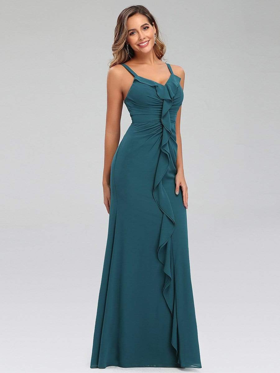 Color=Teal | V Neck Evening Dress With Ruffles-Teal 3 Color=Teal | V Neck Evening Dress With Ruffles-Teal 3