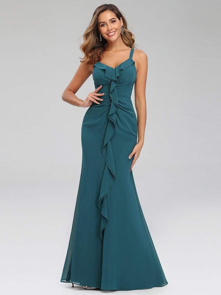 Color=Teal | V Neck Evening Dress With Ruffles-Teal 1 Color=Teal | V Neck Evening Dress With Ruffles-Teal 1
