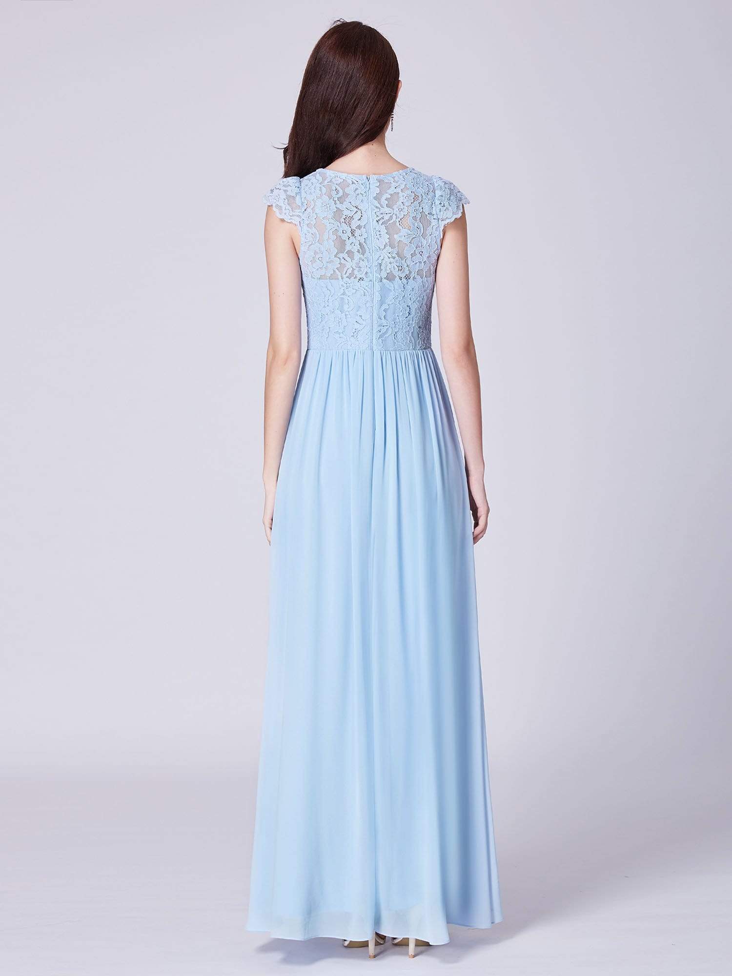 Color=Sky Blue | Long Bridesmaids Dress With Lace Bodice-Sky Blue 3 Color=Sky Blue | Long Bridesmaids Dress With Lace Bodice-Sky Blue 3