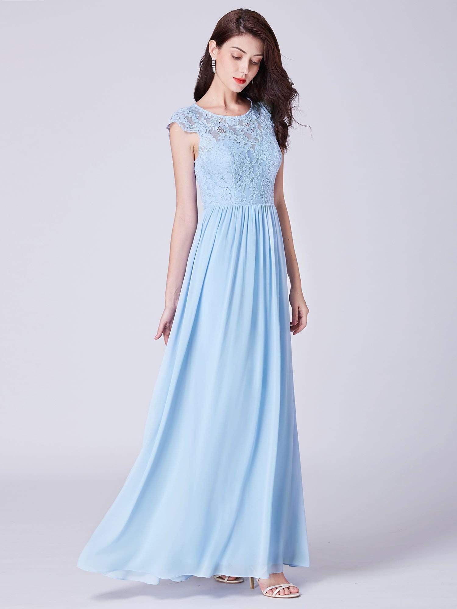 Color=Sky Blue | Long Bridesmaids Dress With Lace Bodice-Sky Blue 4 Color=Sky Blue | Long Bridesmaids Dress With Lace Bodice-Sky Blue 4