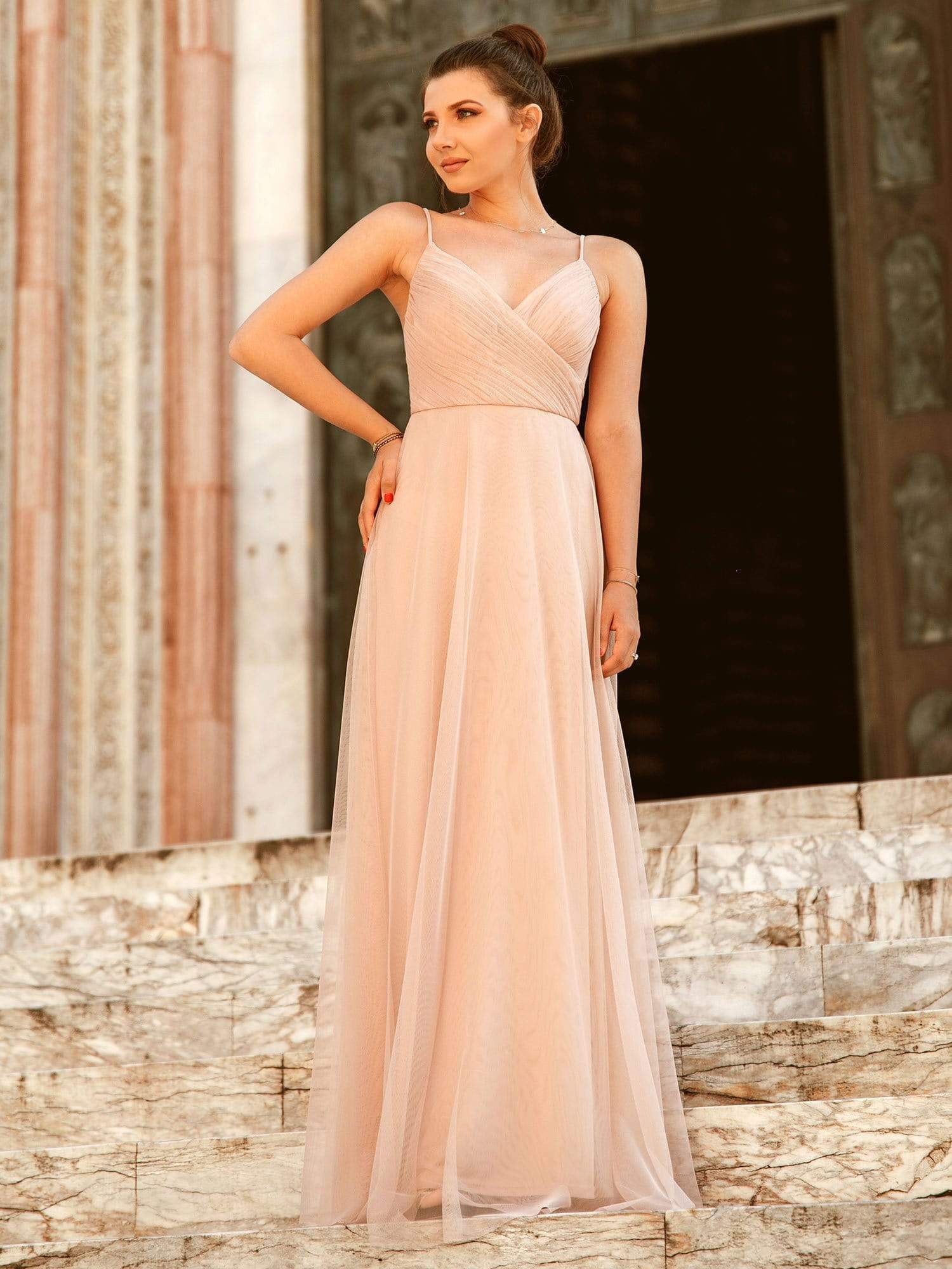 COLOR=Blush | V Neck Spaghetti Strap Long Blush Bridesmaid Dress-Blush 1 COLOR=Blush | V Neck Spaghetti Strap Long Blush Bridesmaid Dress-Blush 1