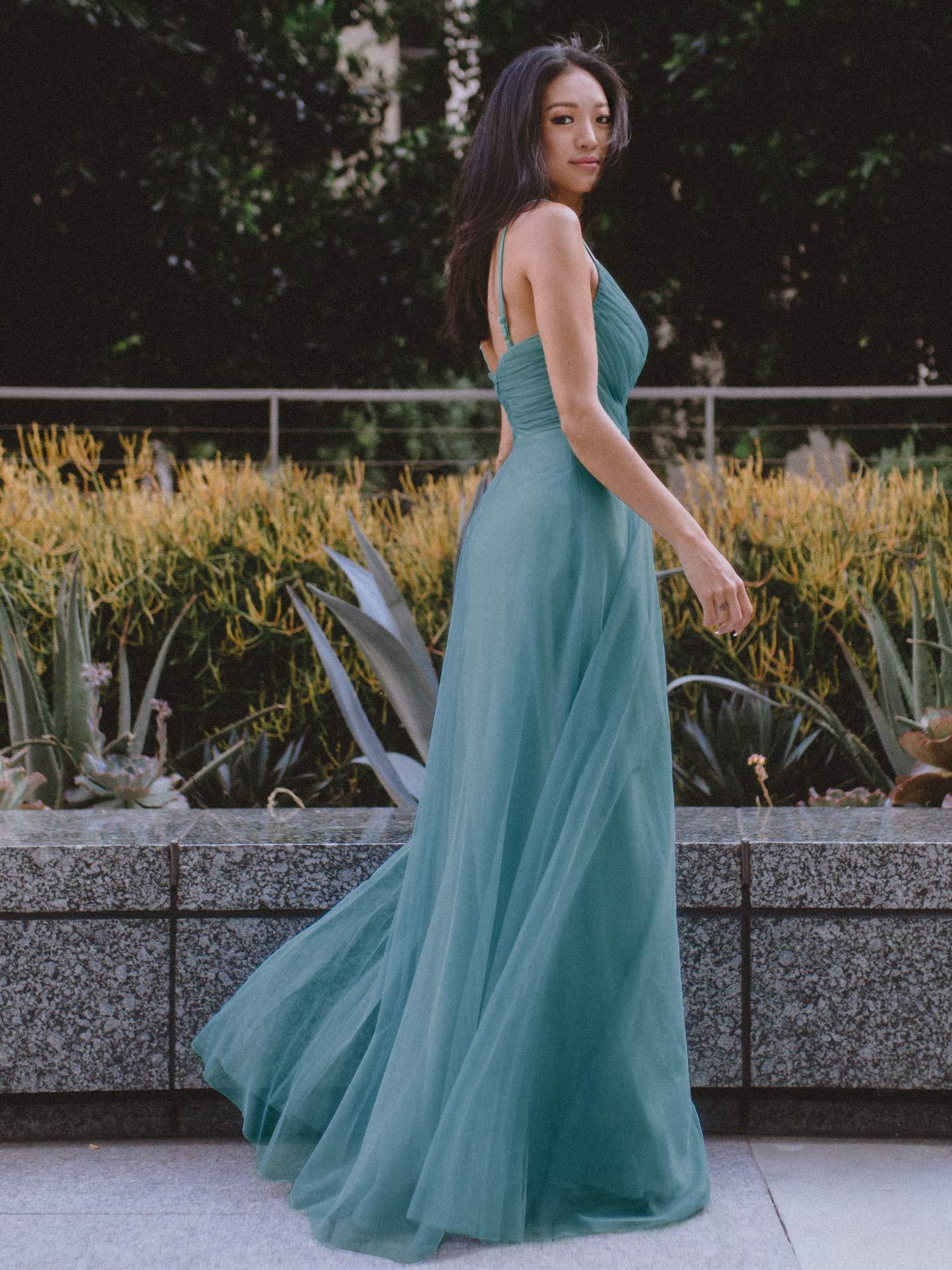 COLOR=Dusty Blue | V Neck Spaghetti Strap Long Blush Bridesmaid Dress-Dusty Blue 10 COLOR=Dusty Blue | V Neck Spaghetti Strap Long Blush Bridesmaid Dress-Dusty Blue 10