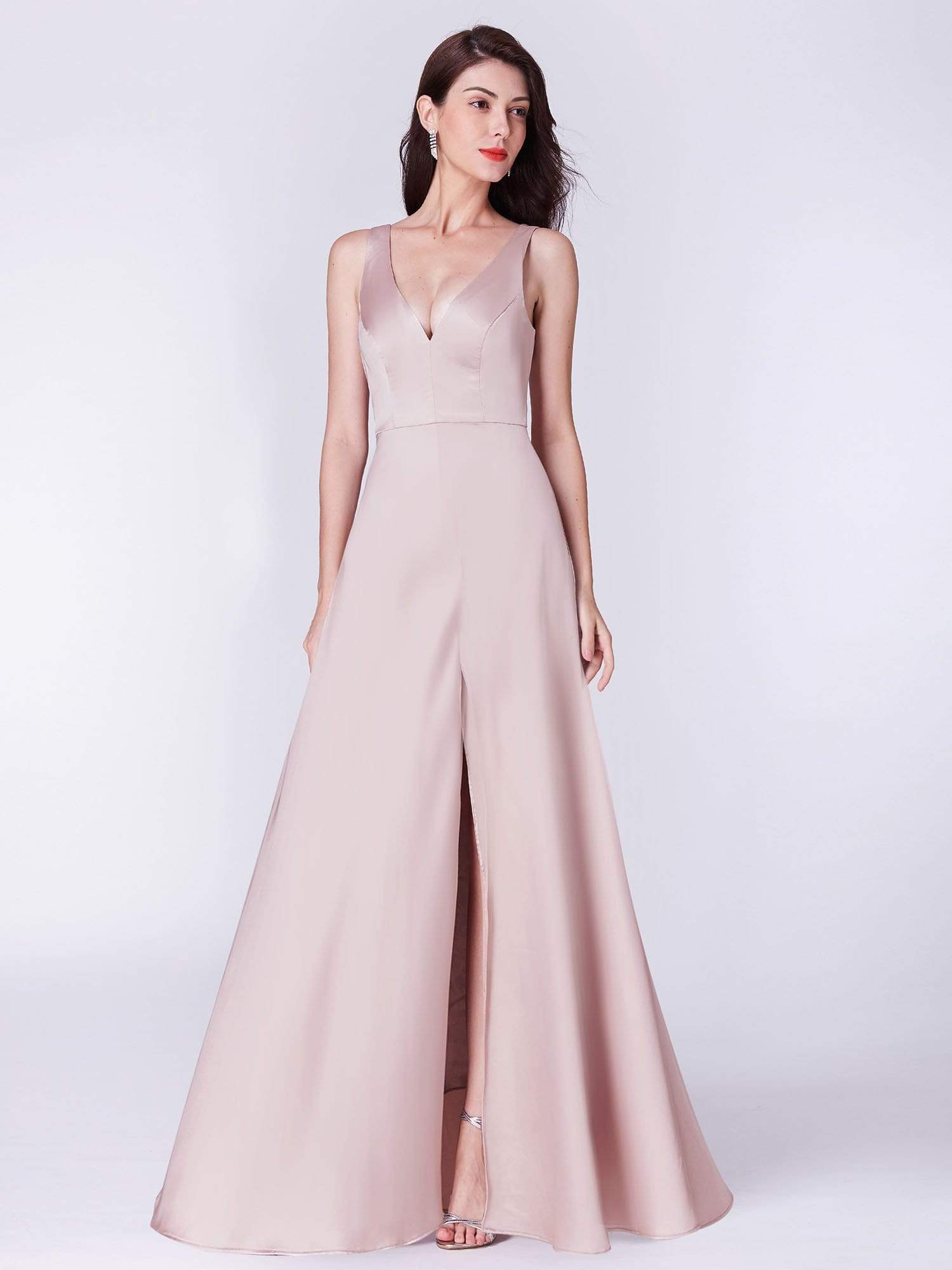 Color=champagne | Long Satin Formal Dress With V Neck-Champagne 4 Color=champagne | Long Satin Formal Dress With V Neck-Champagne 4