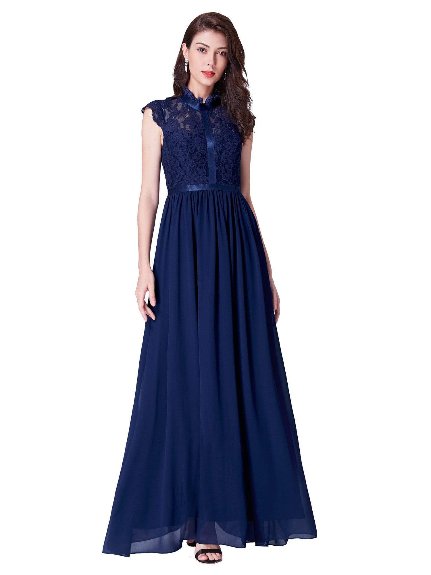 Color=Navy Blue | Long Evening Dress With Lace High Collar Neckline-Navy Blue 2 Color=Navy Blue | Long Evening Dress With Lace High Collar Neckline-Navy Blue 2