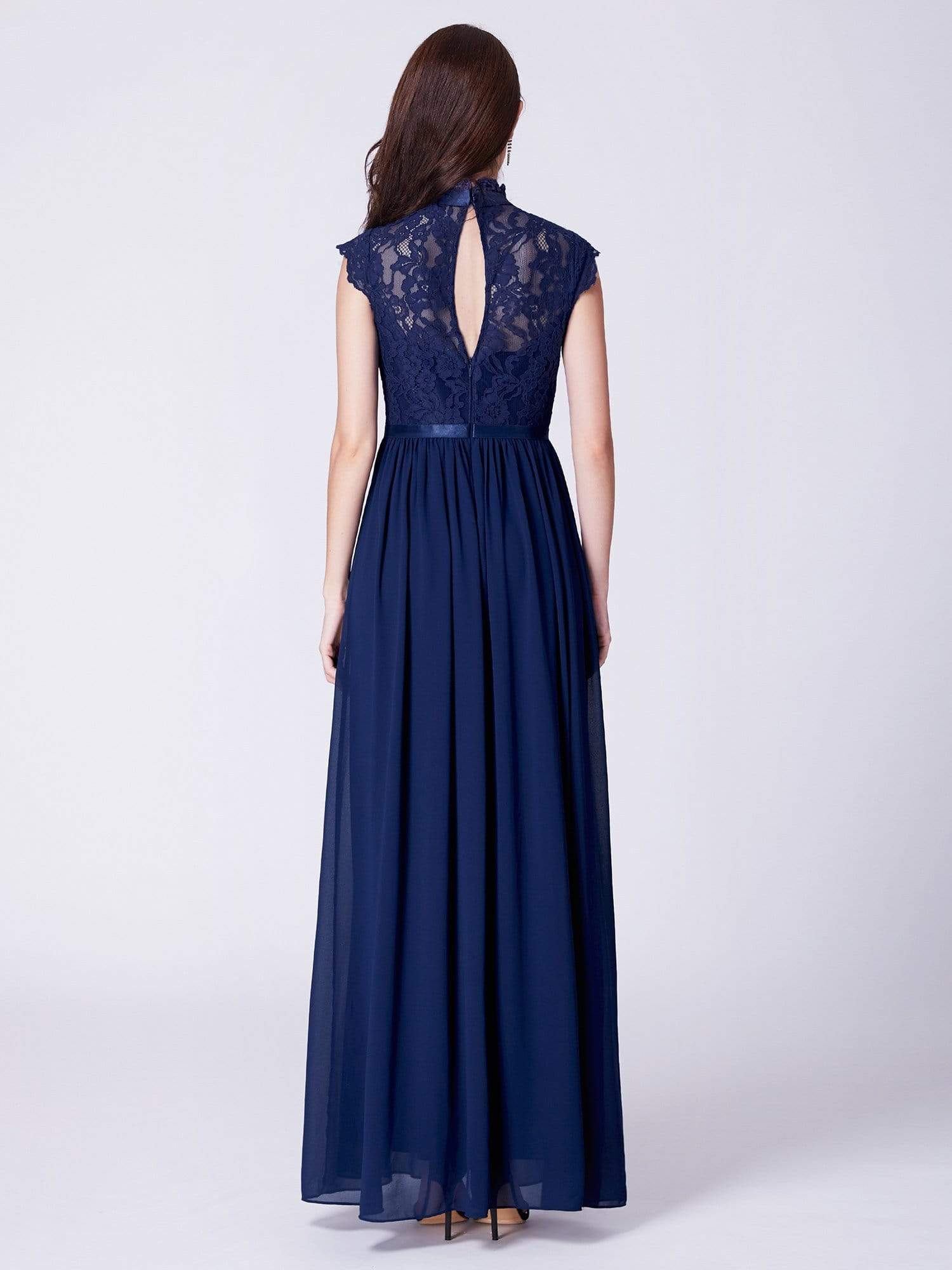 Color=Navy Blue | Long Evening Dress With Lace High Collar Neckline-Navy Blue 3 Color=Navy Blue | Long Evening Dress With Lace High Collar Neckline-Navy Blue 3