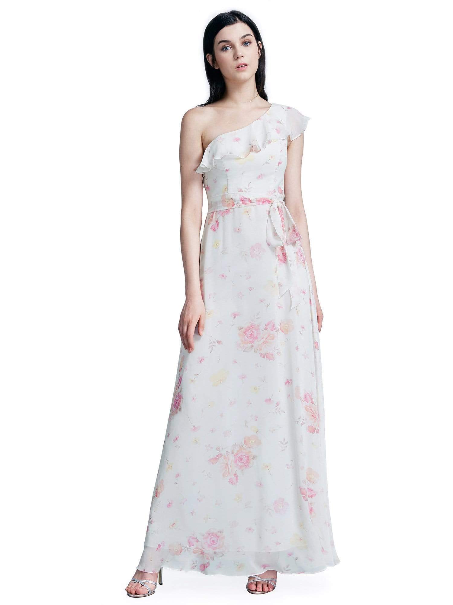 Color=Cream | One Shoulder Long Floral Print Party Dress-Cream 2 Color=Cream | One Shoulder Long Floral Print Party Dress-Cream 2