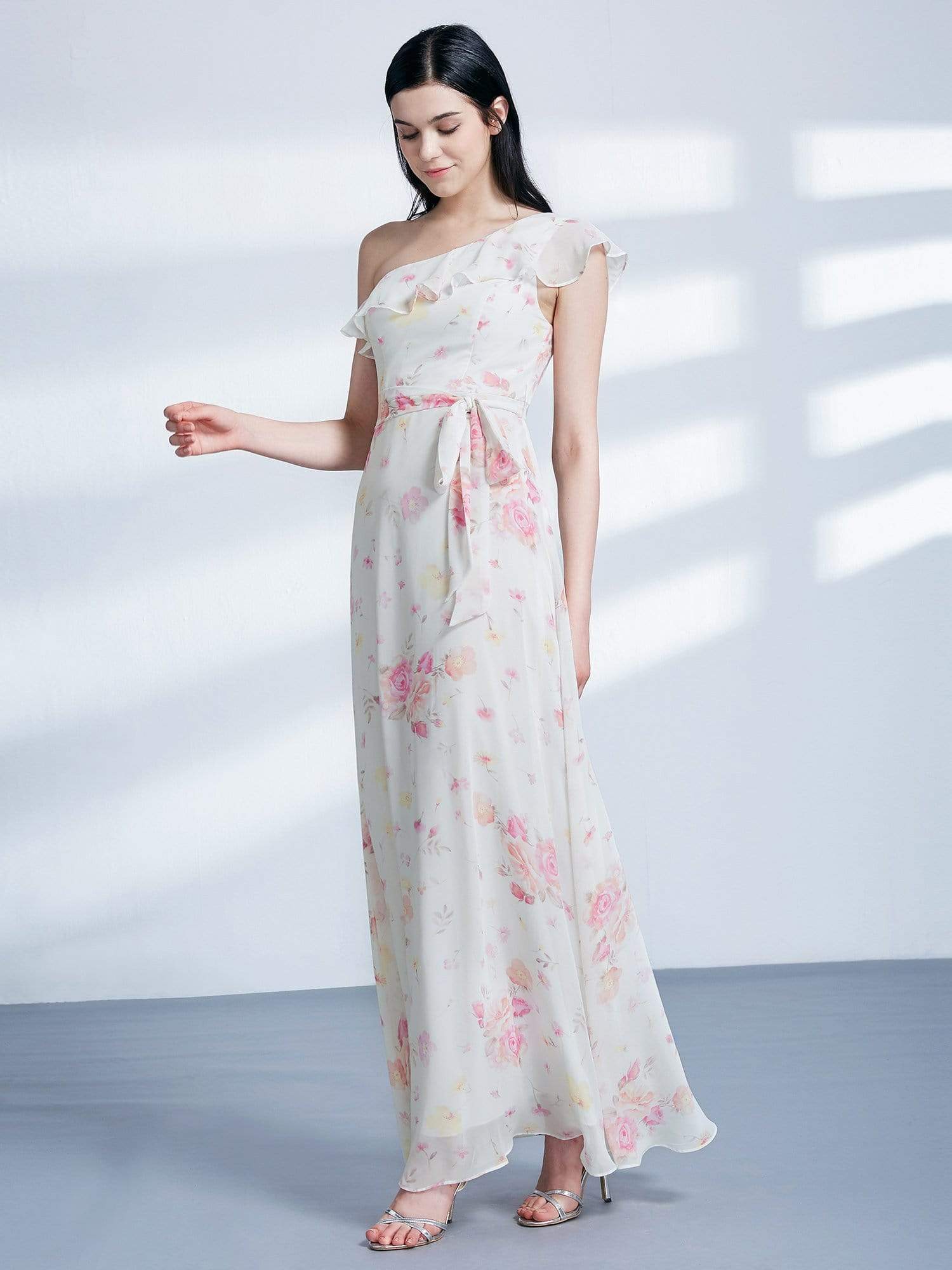 Color=Cream | One Shoulder Long Floral Print Party Dress-Cream 4 Color=Cream | One Shoulder Long Floral Print Party Dress-Cream 4