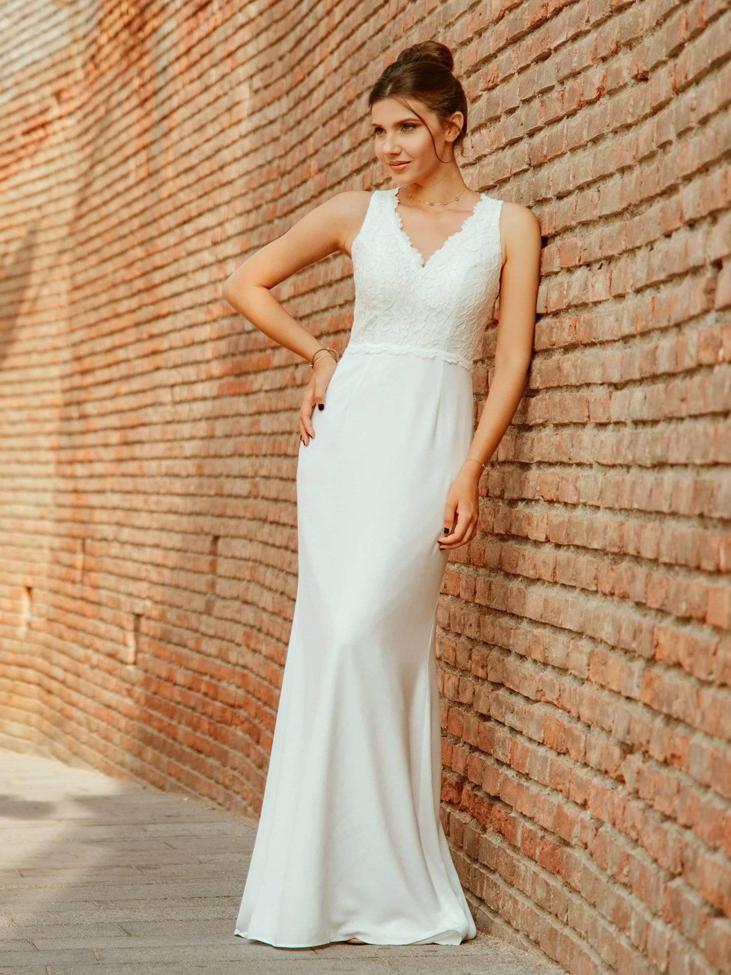 Color=Cream | V Neck Long Lace Wedding Dress-Cream 5 Color=Cream | V Neck Long Lace Wedding Dress-Cream 5