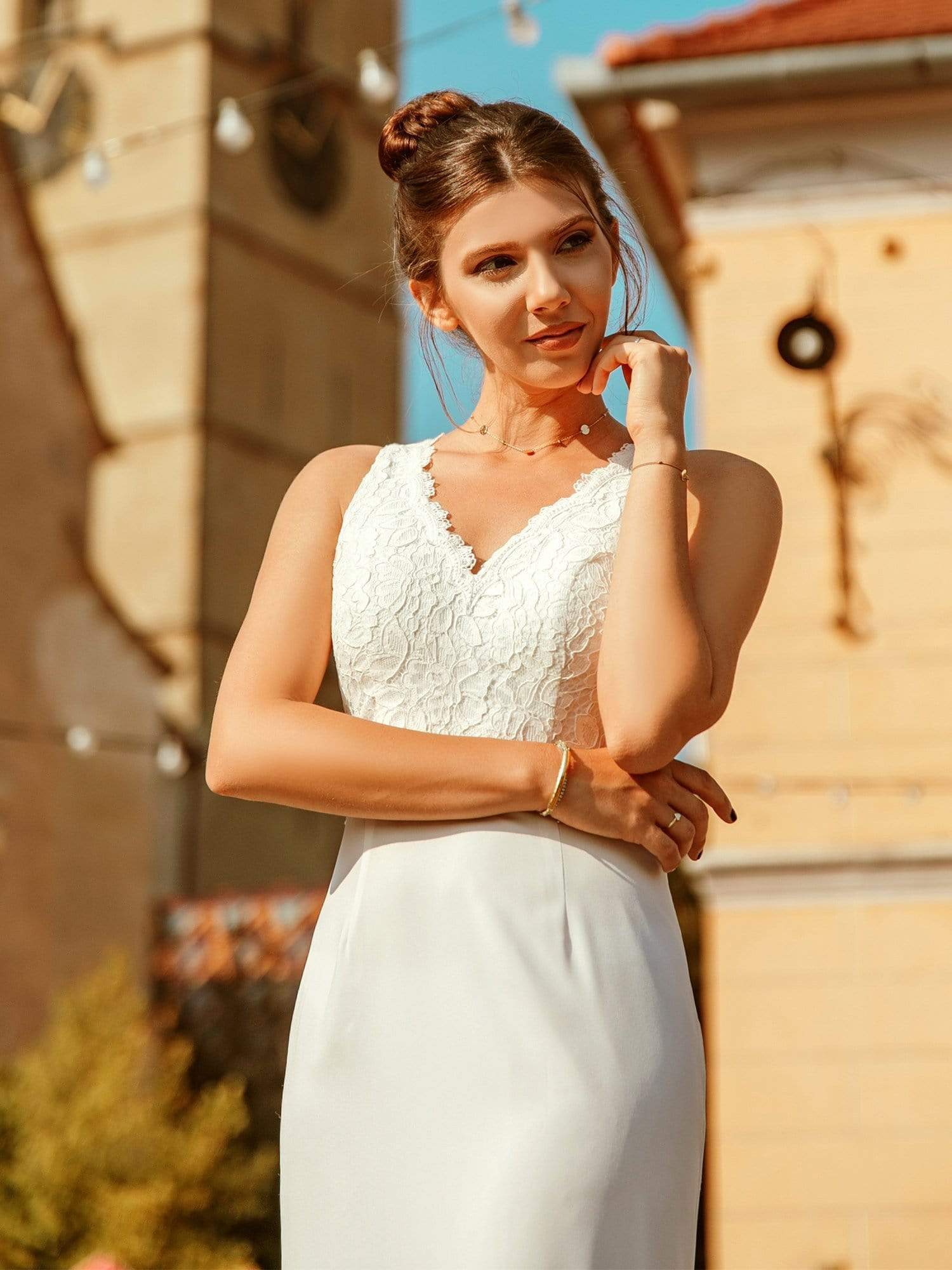 Color=Cream | V Neck Long Lace Wedding Dress-Cream 7 Color=Cream | V Neck Long Lace Wedding Dress-Cream 7