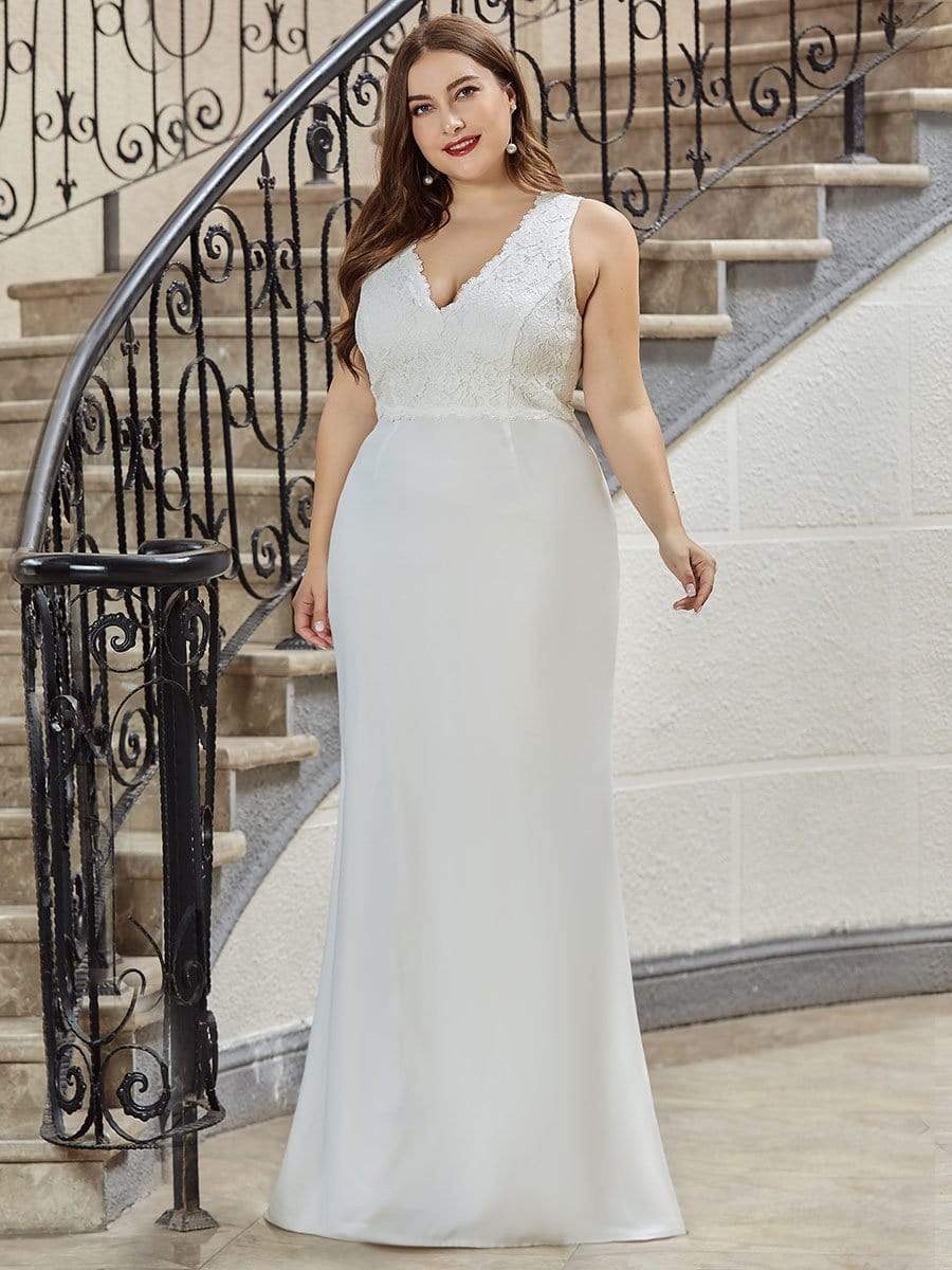 Color=Cream | V Neck Long Lace Wedding Dress-Cream 20 Color=Cream | V Neck Long Lace Wedding Dress-Cream 20