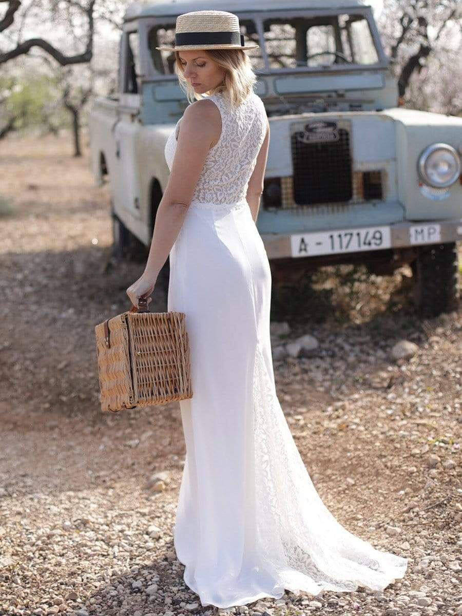 Color=Cream | V Neck Long Lace Wedding Dress-Cream 8 Color=Cream | V Neck Long Lace Wedding Dress-Cream 8