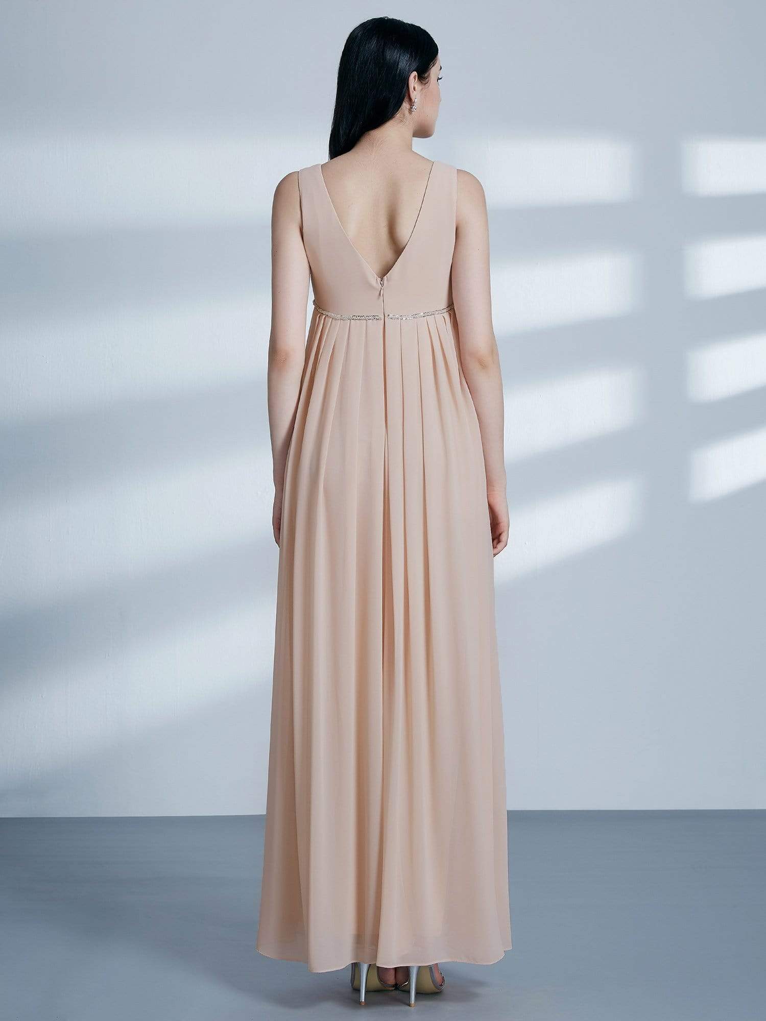 Color=Blush | V Neck Empire Waist Long Bridesmaid Dress-Blush 3 Color=Blush | V Neck Empire Waist Long Bridesmaid Dress-Blush 3