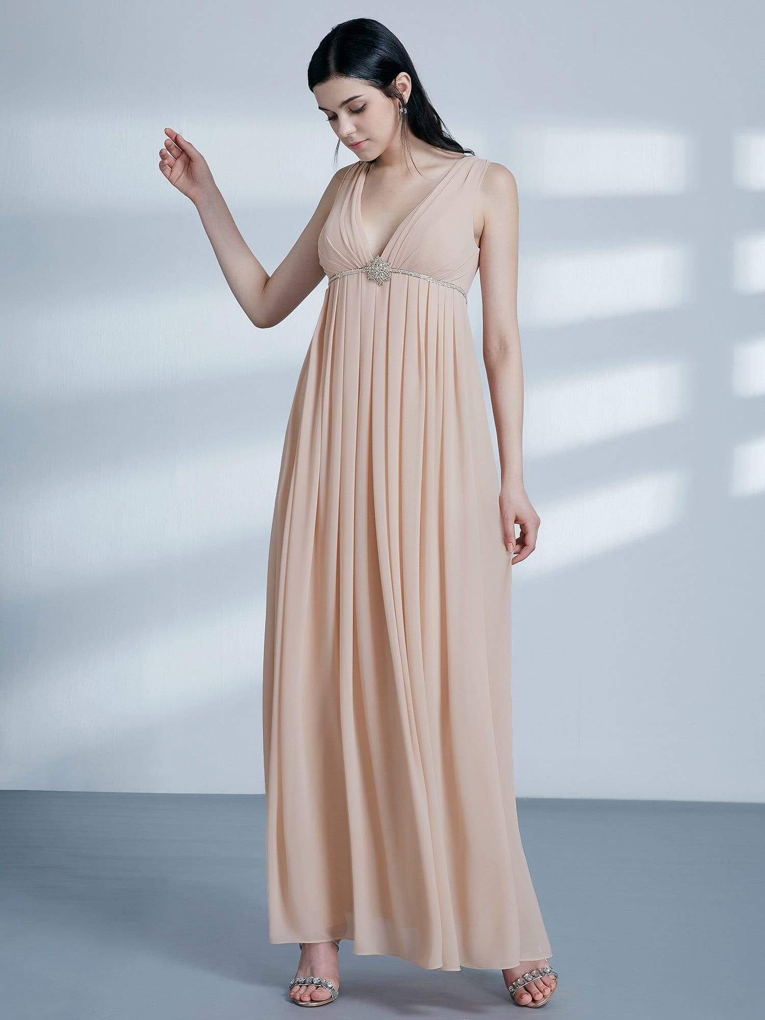 Color=Blush | V Neck Empire Waist Long Bridesmaid Dress-Blush 4 Color=Blush | V Neck Empire Waist Long Bridesmaid Dress-Blush 4