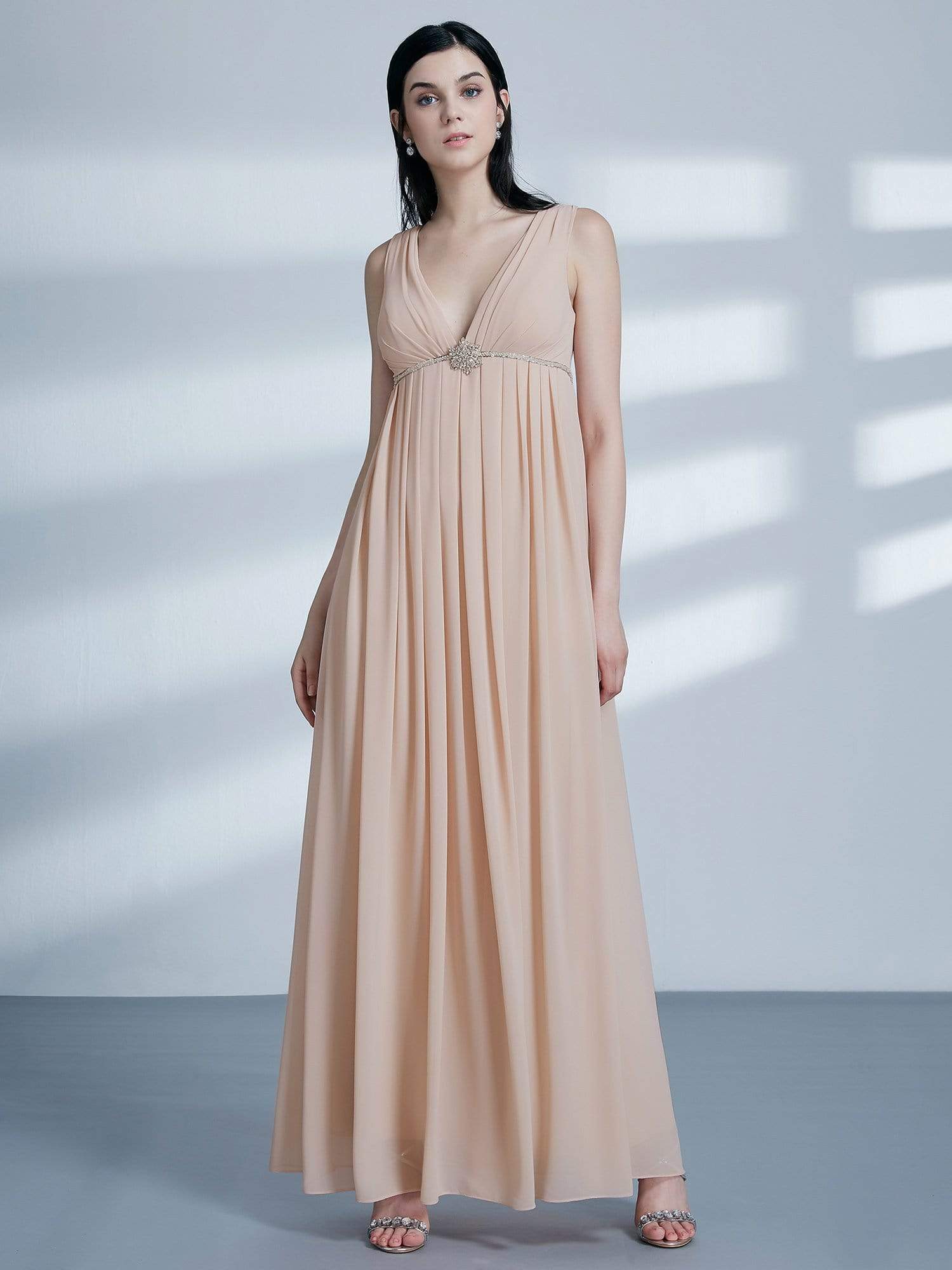 Color=Blush | V Neck Empire Waist Long Bridesmaid Dress-Blush 1 Color=Blush | V Neck Empire Waist Long Bridesmaid Dress-Blush 1
