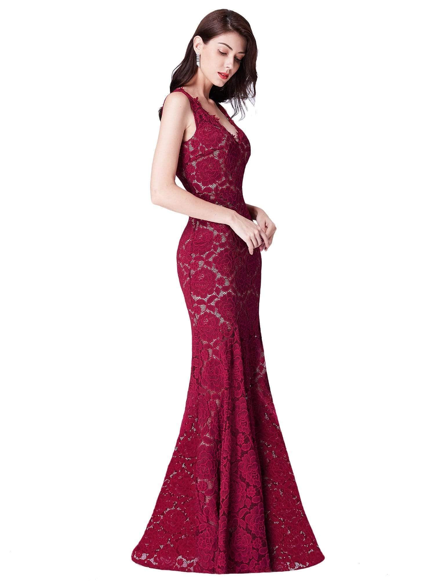 Color=Burgundy | Floor Length Lace Mermaid Evening Gown-Burgundy 2 Color=Burgundy | Floor Length Lace Mermaid Evening Gown-Burgundy 2