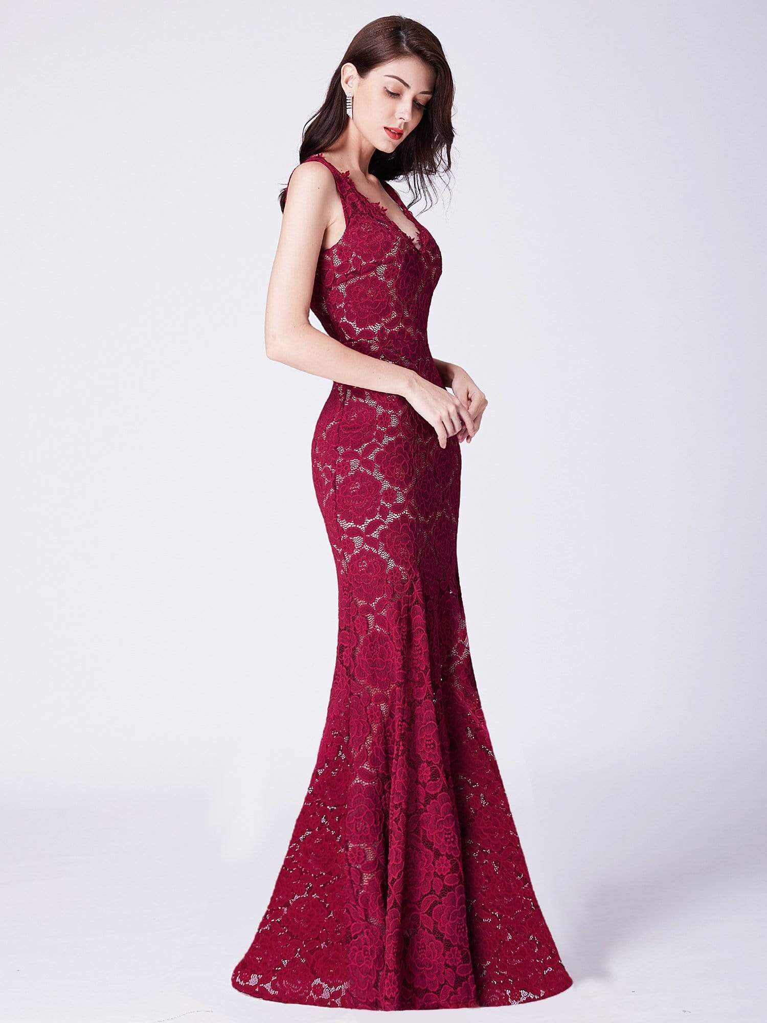 Color=Burgundy | Floor Length Lace Mermaid Evening Gown-Burgundy 4 Color=Burgundy | Floor Length Lace Mermaid Evening Gown-Burgundy 4