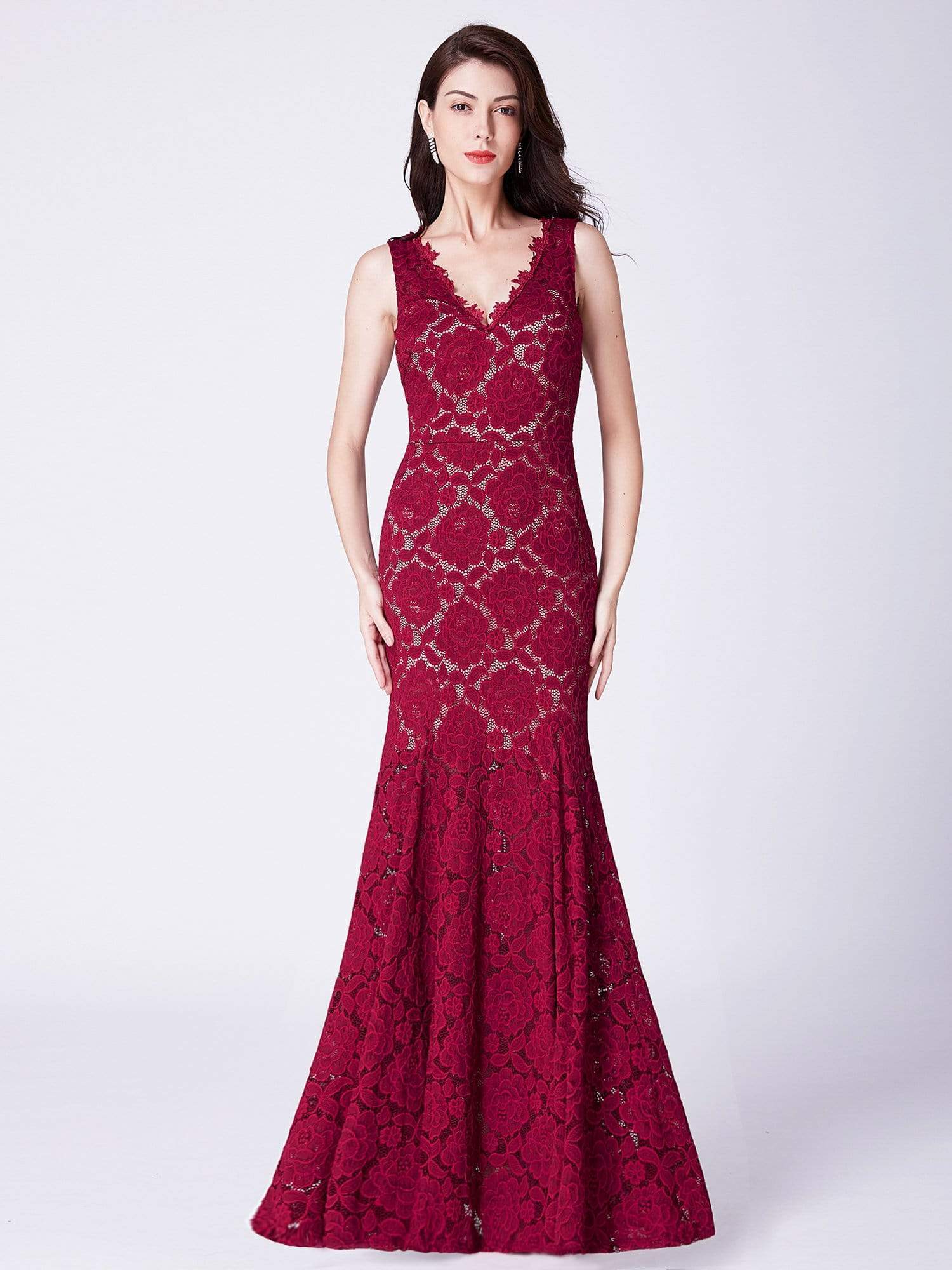Color=Burgundy | Floor Length Lace Mermaid Evening Gown-Burgundy 1 Color=Burgundy | Floor Length Lace Mermaid Evening Gown-Burgundy 1