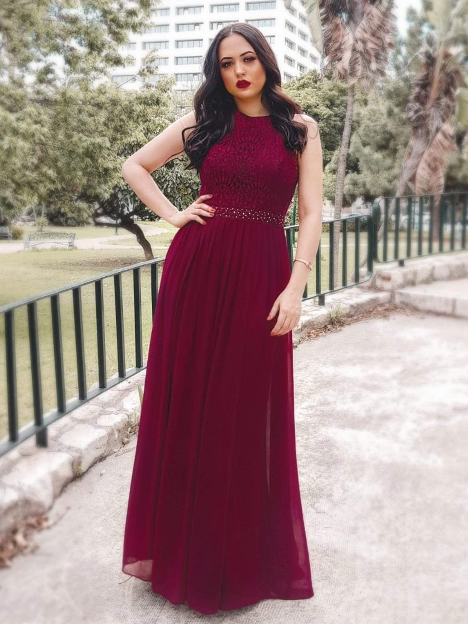 Color=Burgundy | Sleeveless High Collar Long A Line Evening Dress-Burgundy 5 Color=Burgundy | Sleeveless High Collar Long A Line Evening Dress-Burgundy 5