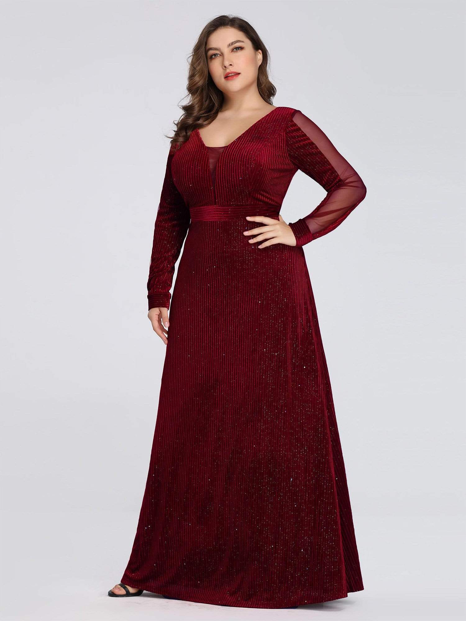 COLOR=Burgundy | Shimmery Evening Dress With Long Sleeves-Burgundy 8 COLOR=Burgundy | Shimmery Evening Dress With Long Sleeves-Burgundy 8
