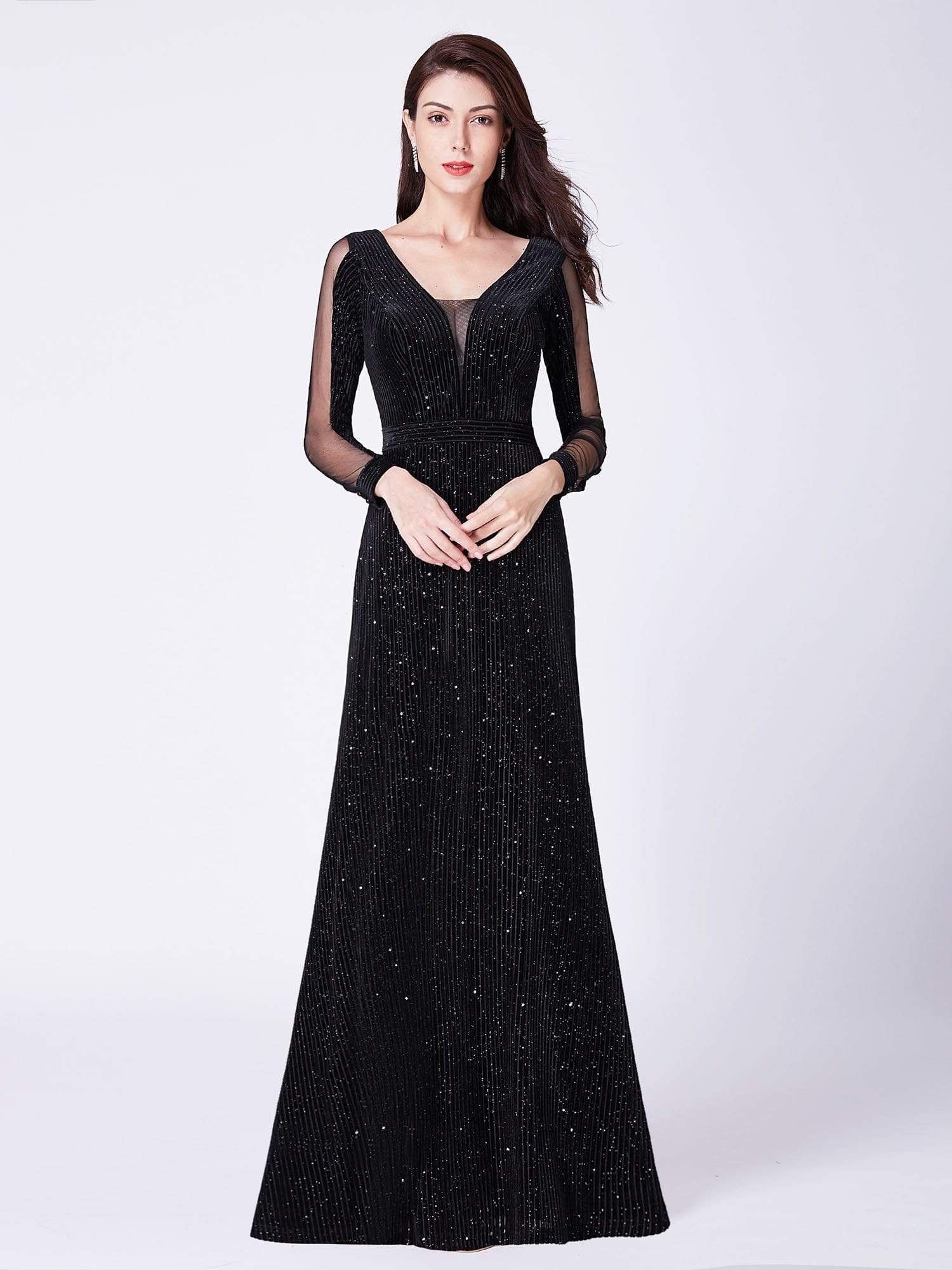 COLOR=Black | Shimmery Evening Dress With Long Sleeves-Black 1 COLOR=Black | Shimmery Evening Dress With Long Sleeves-Black 1