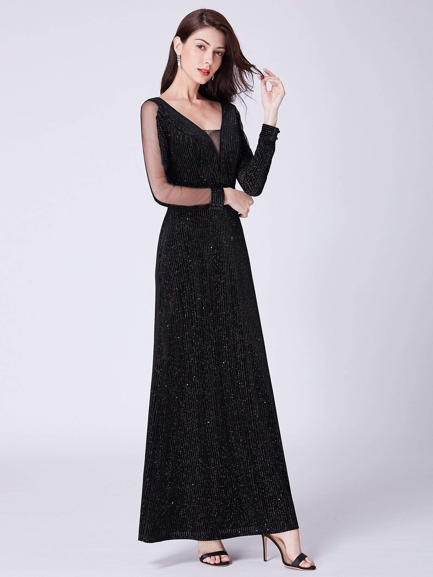 COLOR=Black | Shimmery Evening Dress With Long Sleeves-Black 2 COLOR=Black | Shimmery Evening Dress With Long Sleeves-Black 2