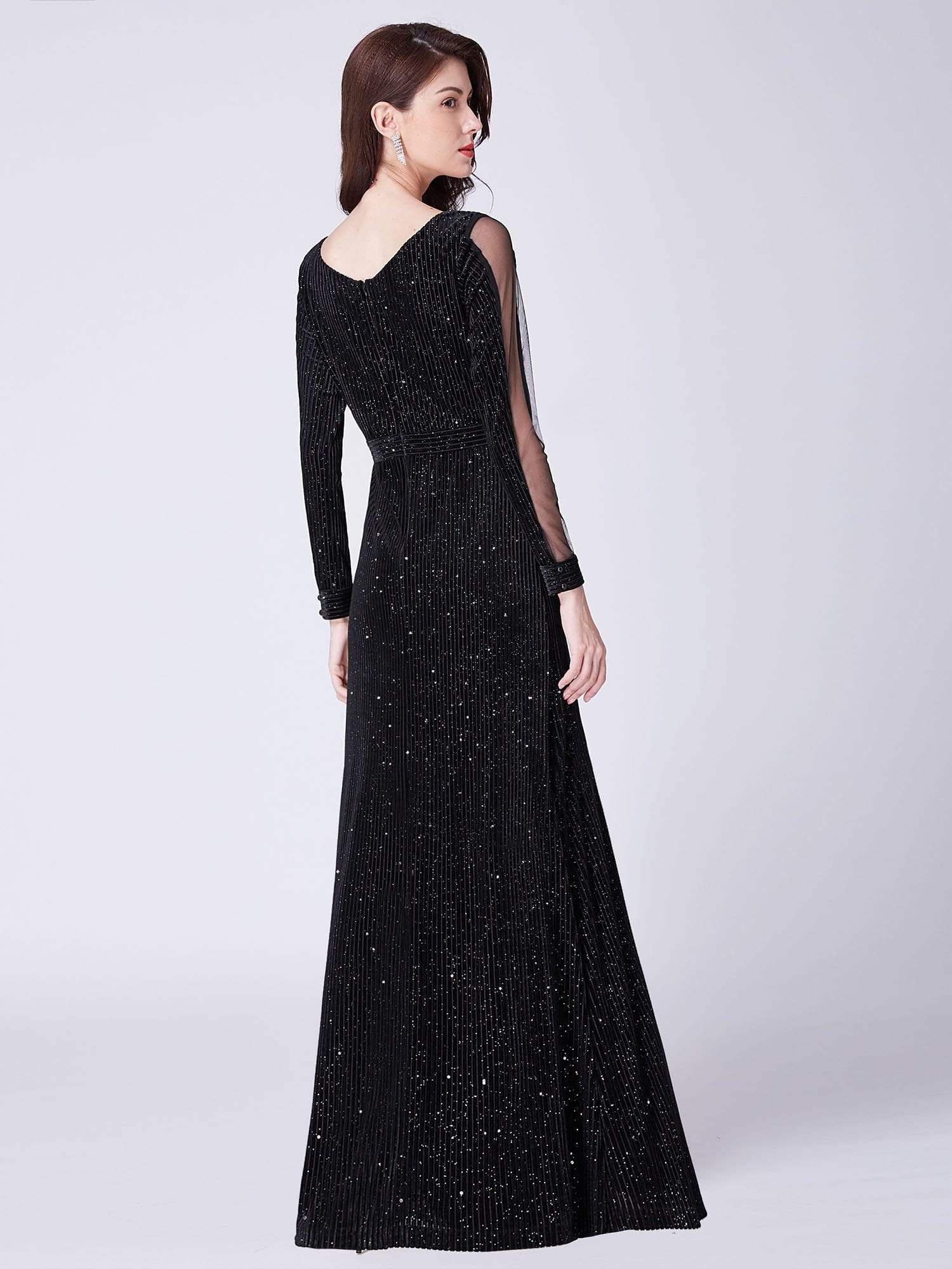 COLOR=Black | Shimmery Evening Dress With Long Sleeves-Black 3 COLOR=Black | Shimmery Evening Dress With Long Sleeves-Black 3