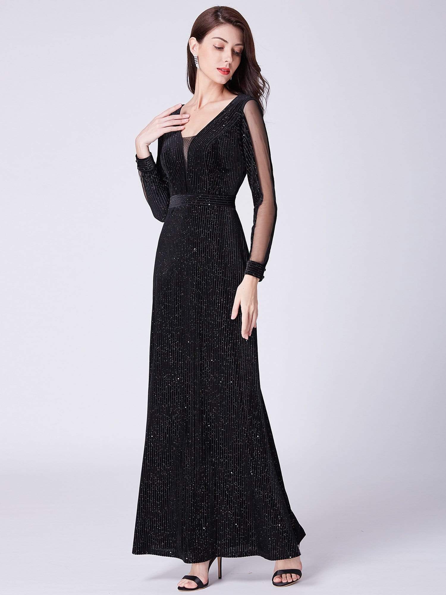 COLOR=Black | Shimmery Evening Dress With Long Sleeves-Black 4 COLOR=Black | Shimmery Evening Dress With Long Sleeves-Black 4