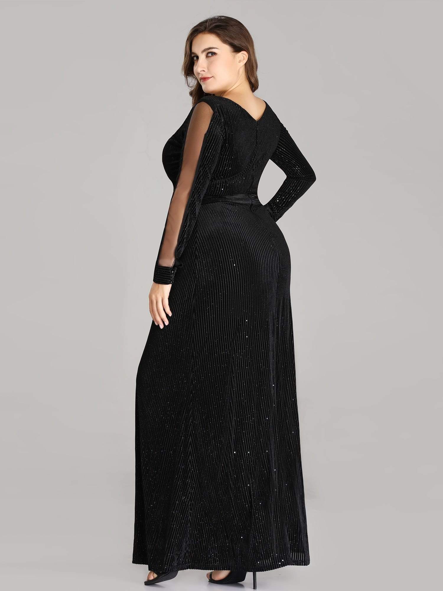 COLOR=Black | Elegant Long-Sleeve V Neck Glitter Formal Evening Dress-Black 2 COLOR=Black | Elegant Long-Sleeve V Neck Glitter Formal Evening Dress-Black 2