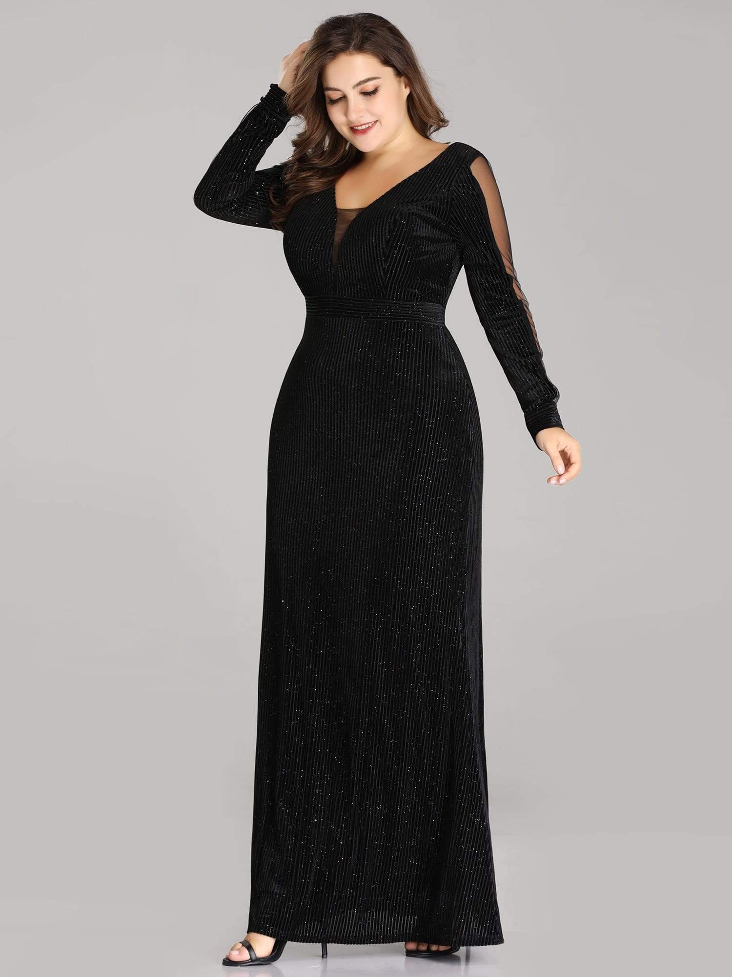 COLOR=Black | Elegant Long-Sleeve V Neck Glitter Formal Evening Dress-Black 3 COLOR=Black | Elegant Long-Sleeve V Neck Glitter Formal Evening Dress-Black 3