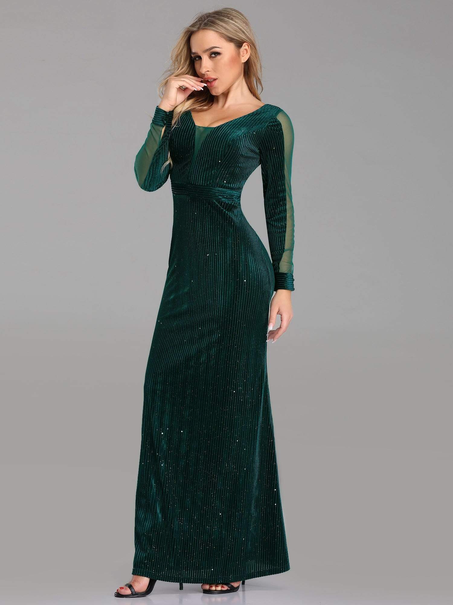COLOR=Dark Green | Shimmery Evening Dress With Long Sleeves-Dark Green 3 COLOR=Dark Green | Shimmery Evening Dress With Long Sleeves-Dark Green 3