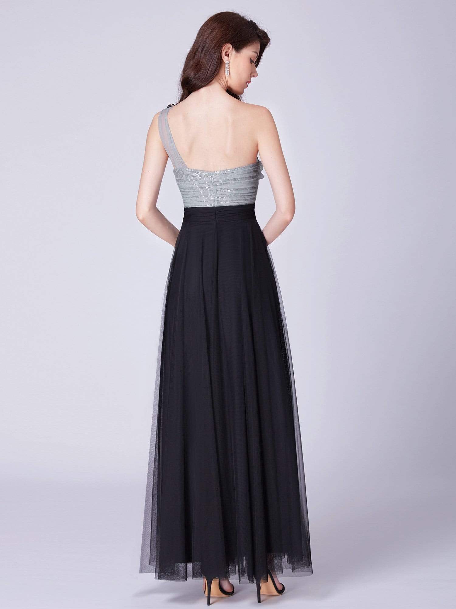 Color=Black | Long One Shoulder Tulle Party Dress-Black 2 Color=Black | Long One Shoulder Tulle Party Dress-Black 2