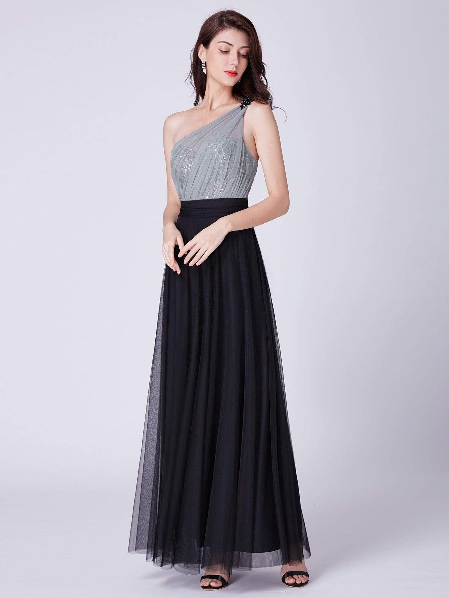 Color=Black | Long One Shoulder Tulle Party Dress-Black 3 Color=Black | Long One Shoulder Tulle Party Dress-Black 3