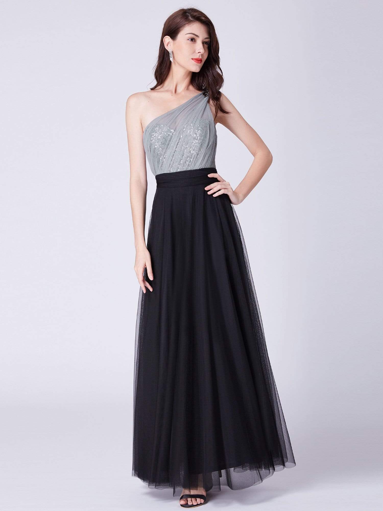 Color=Black | Long One Shoulder Tulle Party Dress-Black 4 Color=Black | Long One Shoulder Tulle Party Dress-Black 4