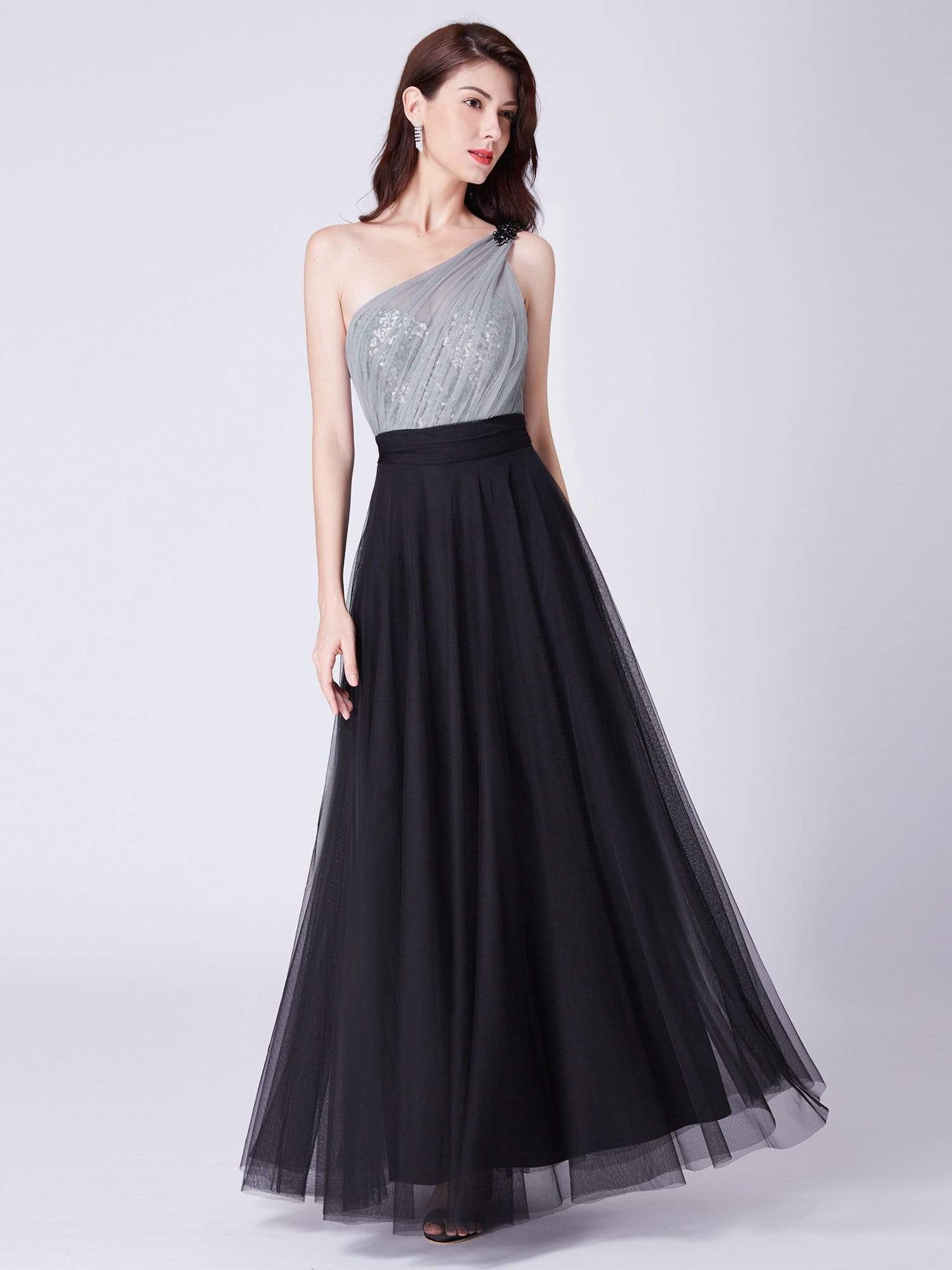 Color=Black | Long One Shoulder Tulle Party Dress-Black 1 Color=Black | Long One Shoulder Tulle Party Dress-Black 1
