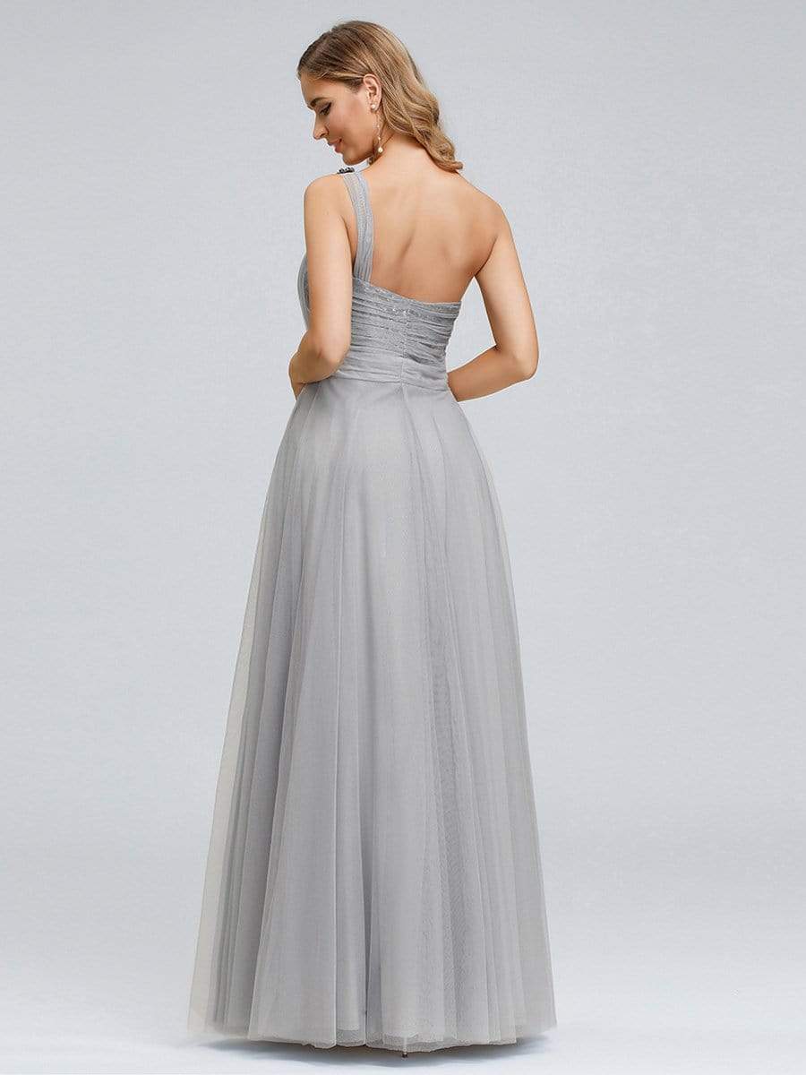 Color=Grey | Long One Shoulder Tulle Party Dress-Grey 4 Color=Grey | Long One Shoulder Tulle Party Dress-Grey 4