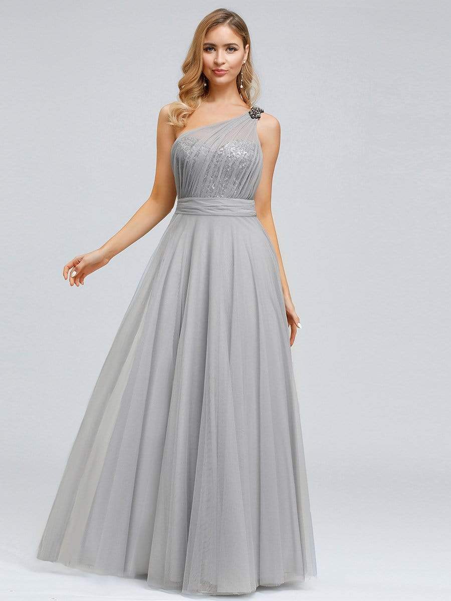Color=Grey | Long One Shoulder Tulle Party Dress-Grey 3 Color=Grey | Long One Shoulder Tulle Party Dress-Grey 3