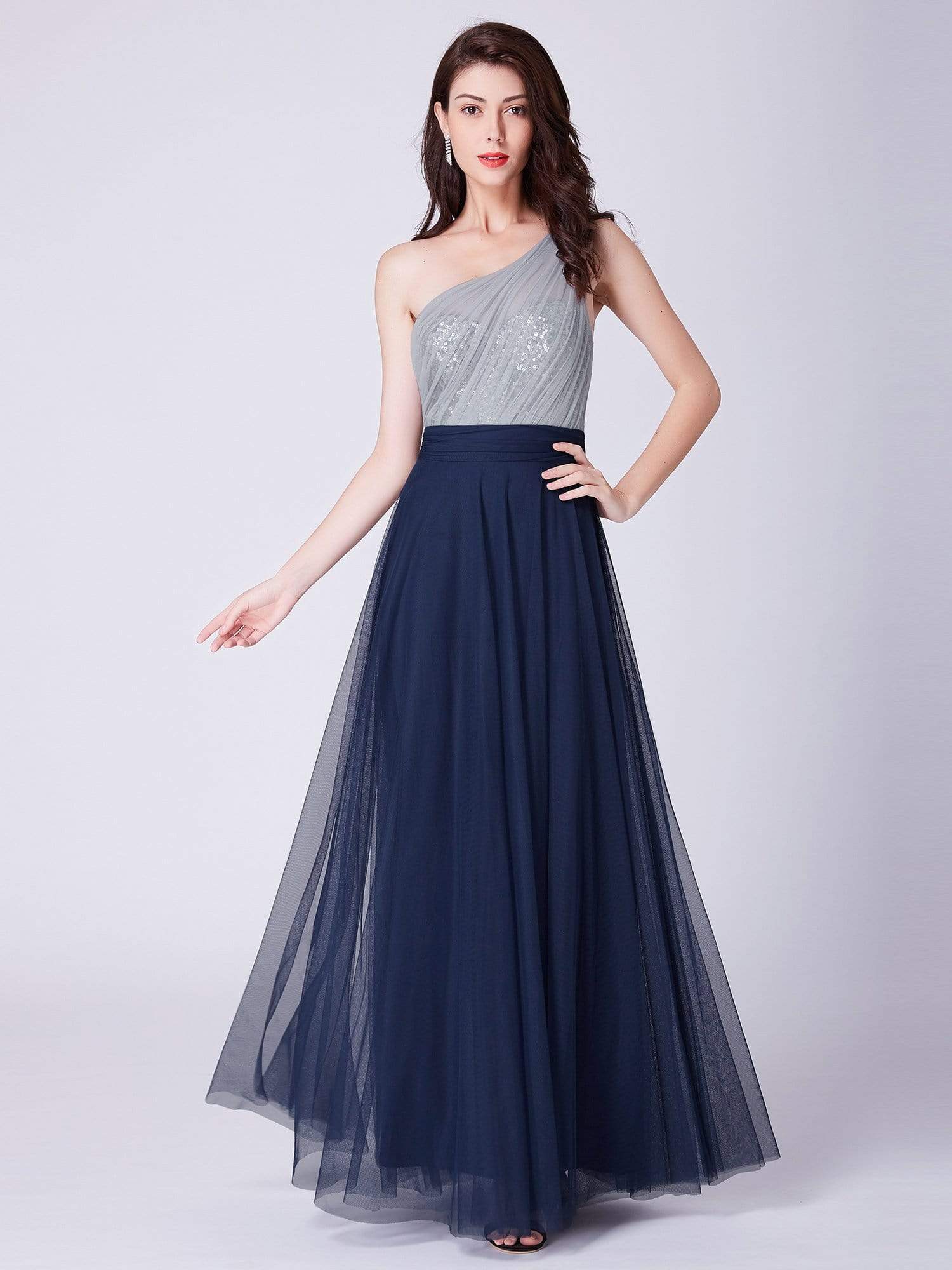 Color=Navy Blue | Long One Shoulder Tulle Party Dress-Navy Blue 12 Color=Navy Blue | Long One Shoulder Tulle Party Dress-Navy Blue 12