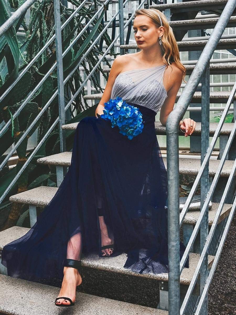 Color=Navy Blue | Long One Shoulder Tulle Party Dress-Navy Blue 7 Color=Navy Blue | Long One Shoulder Tulle Party Dress-Navy Blue 7