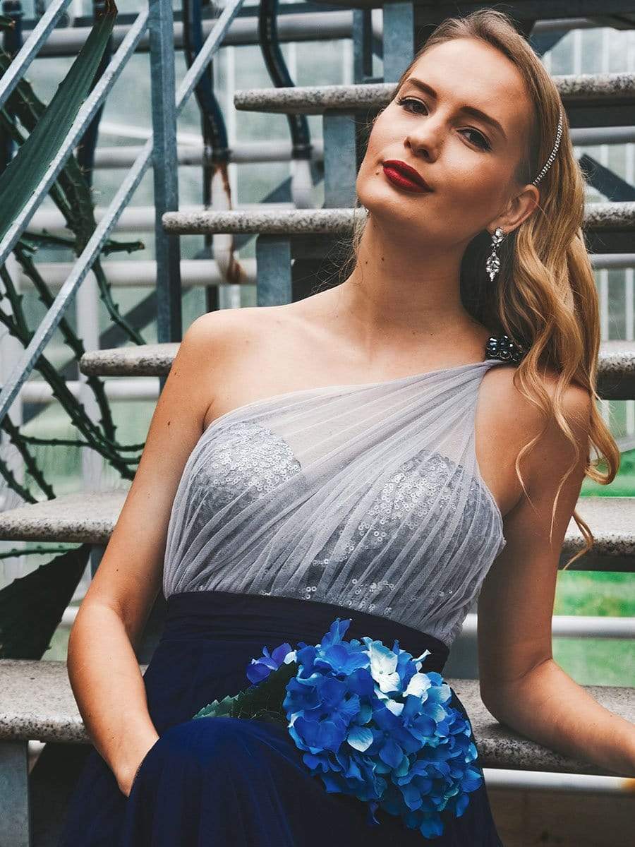 Color=Navy Blue | Long One Shoulder Tulle Party Dress-Navy Blue 8 Color=Navy Blue | Long One Shoulder Tulle Party Dress-Navy Blue 8