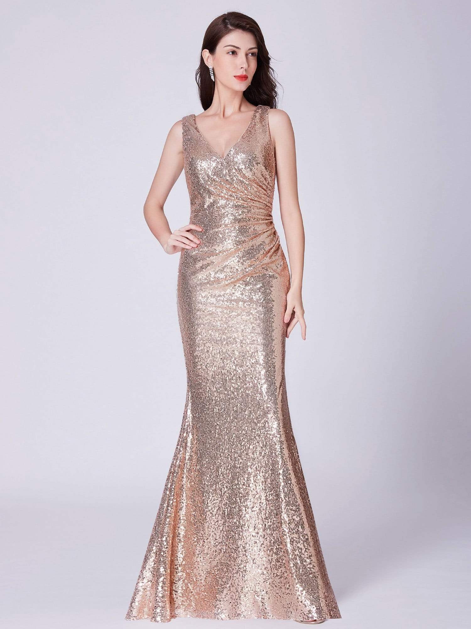Color=Rose Gold | Elegant V Neck Sequin Evening Dress-Rose Gold 3 Color=Rose Gold | Elegant V Neck Sequin Evening Dress-Rose Gold 3