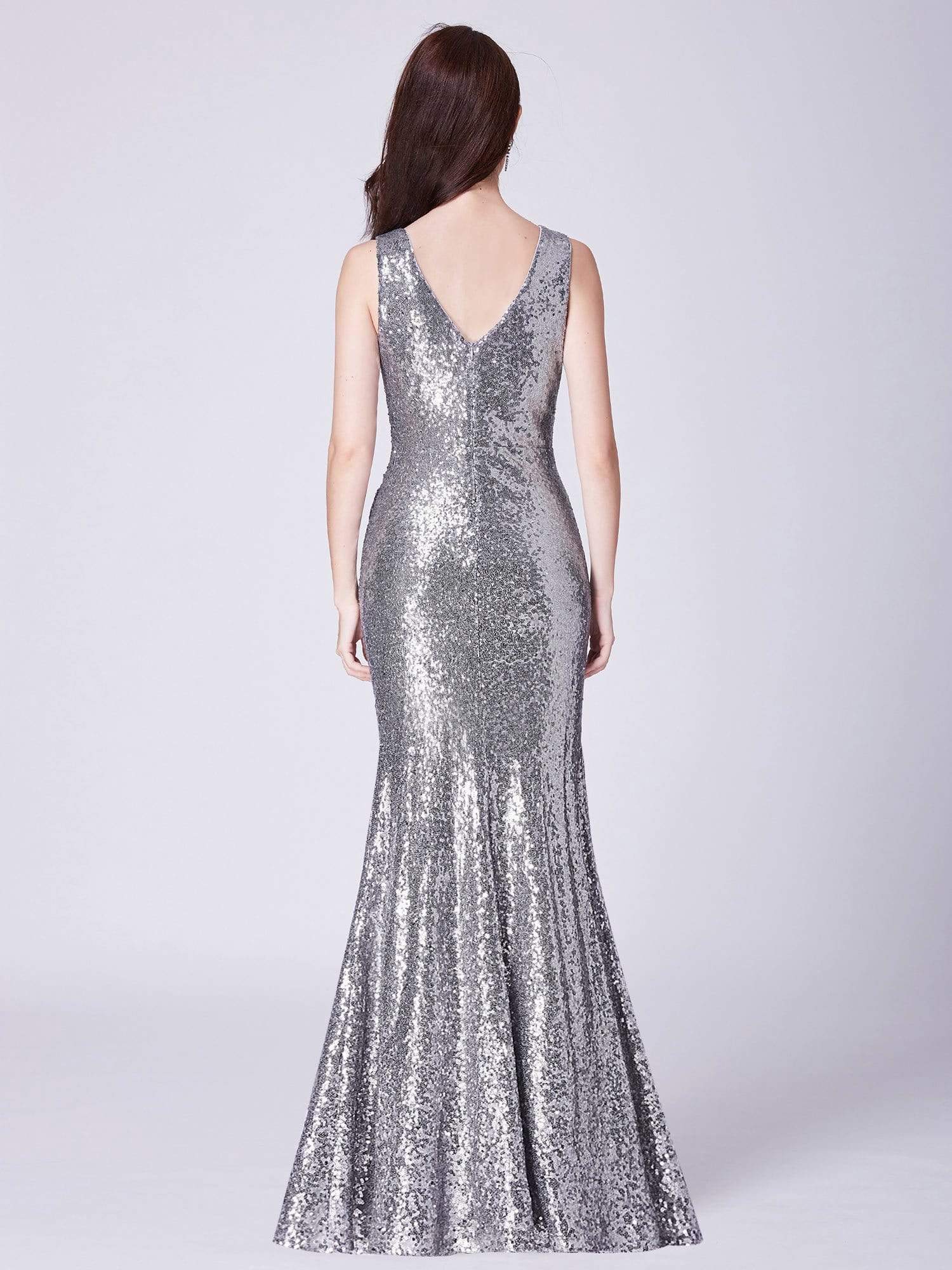 Color=Silver | Elegant V Neck Sequin Evening Dress-Silver 3 Color=Silver | Elegant V Neck Sequin Evening Dress-Silver 3