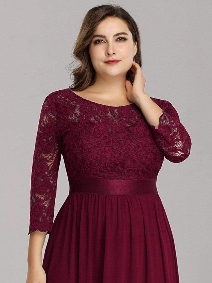 COLOR=Burgundy | See-Through Floor Length Lace Evening Dress With Half Sleeve-Burgundy 8 COLOR=Burgundy | See-Through Floor Length Lace Evening Dress With Half Sleeve-Burgundy 8