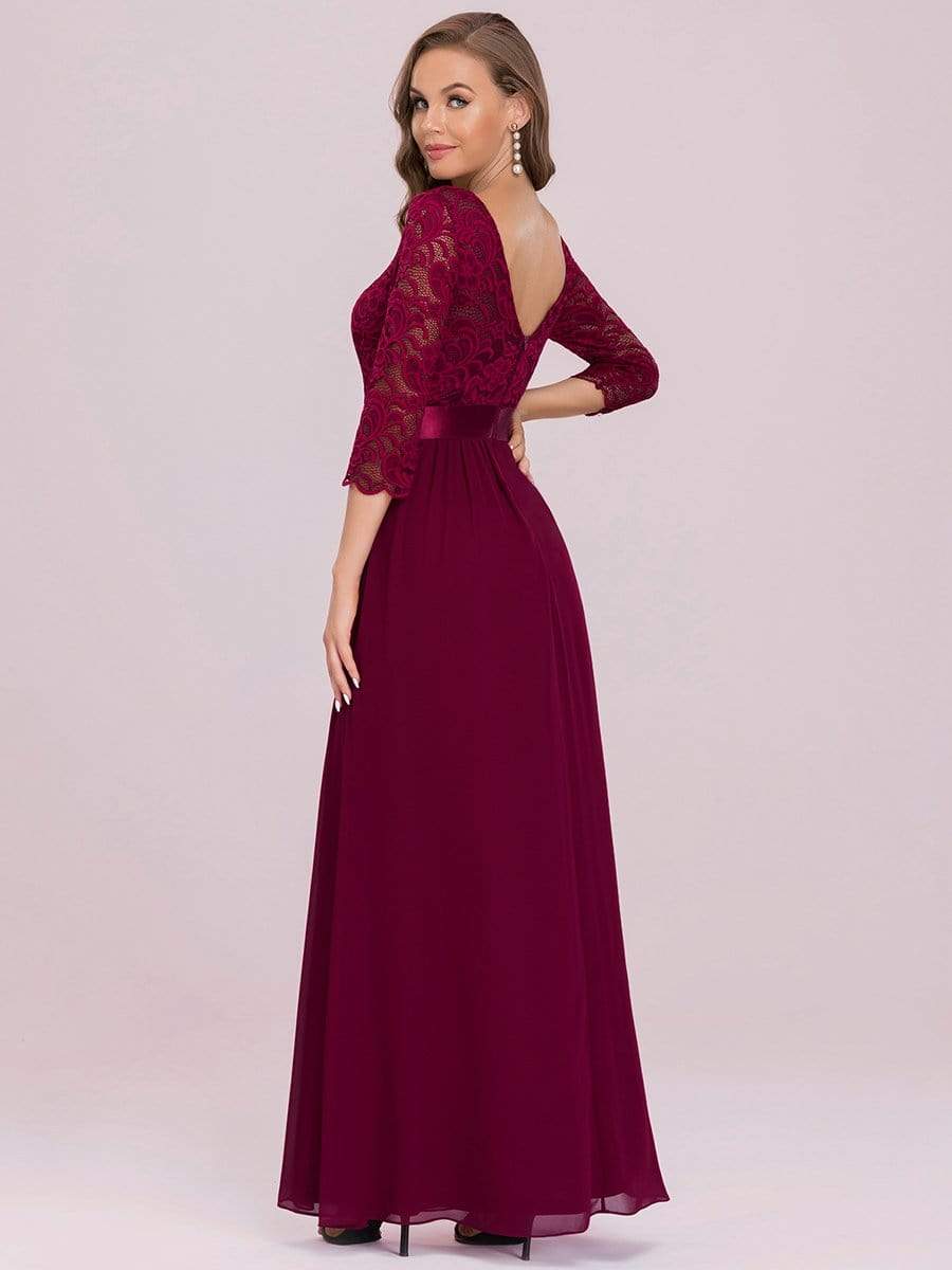 COLOR=Burgundy | See-Through Floor Length Lace Evening Dress With Half Sleeve-Burgundy 2