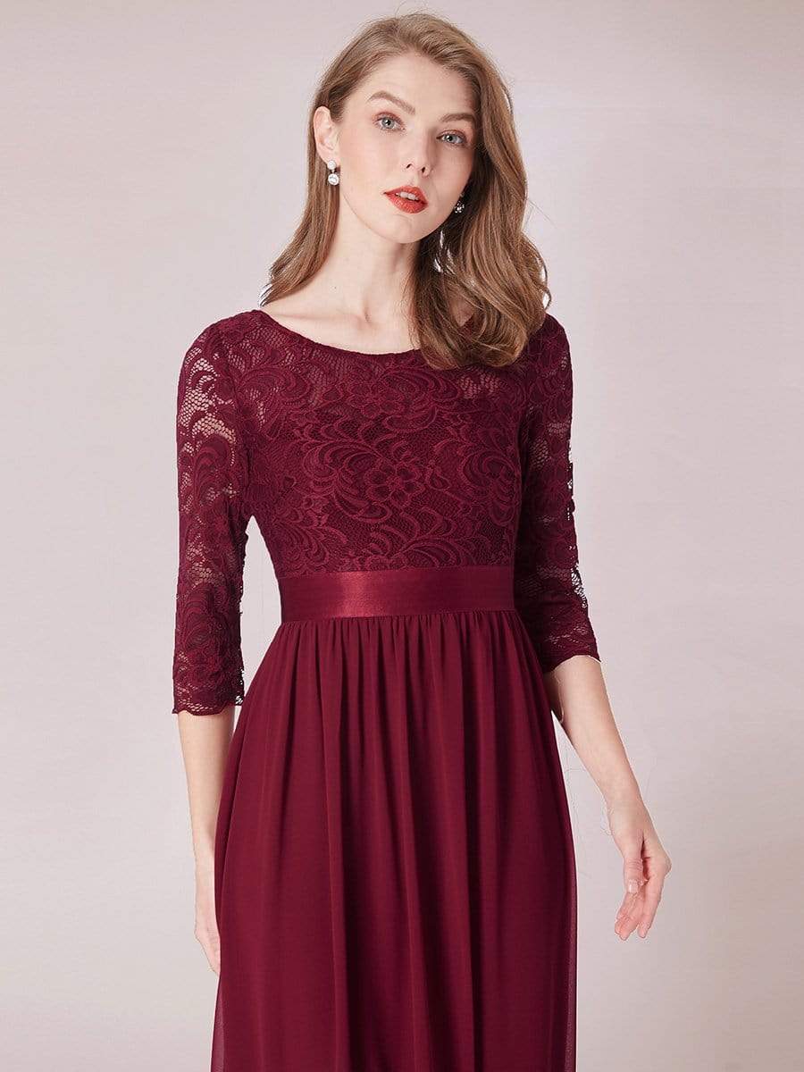COLOR=Burgundy | See-Through Floor Length Lace Evening Dress With Half Sleeve-Burgundy 6 COLOR=Burgundy | See-Through Floor Length Lace Evening Dress With Half Sleeve-Burgundy 6